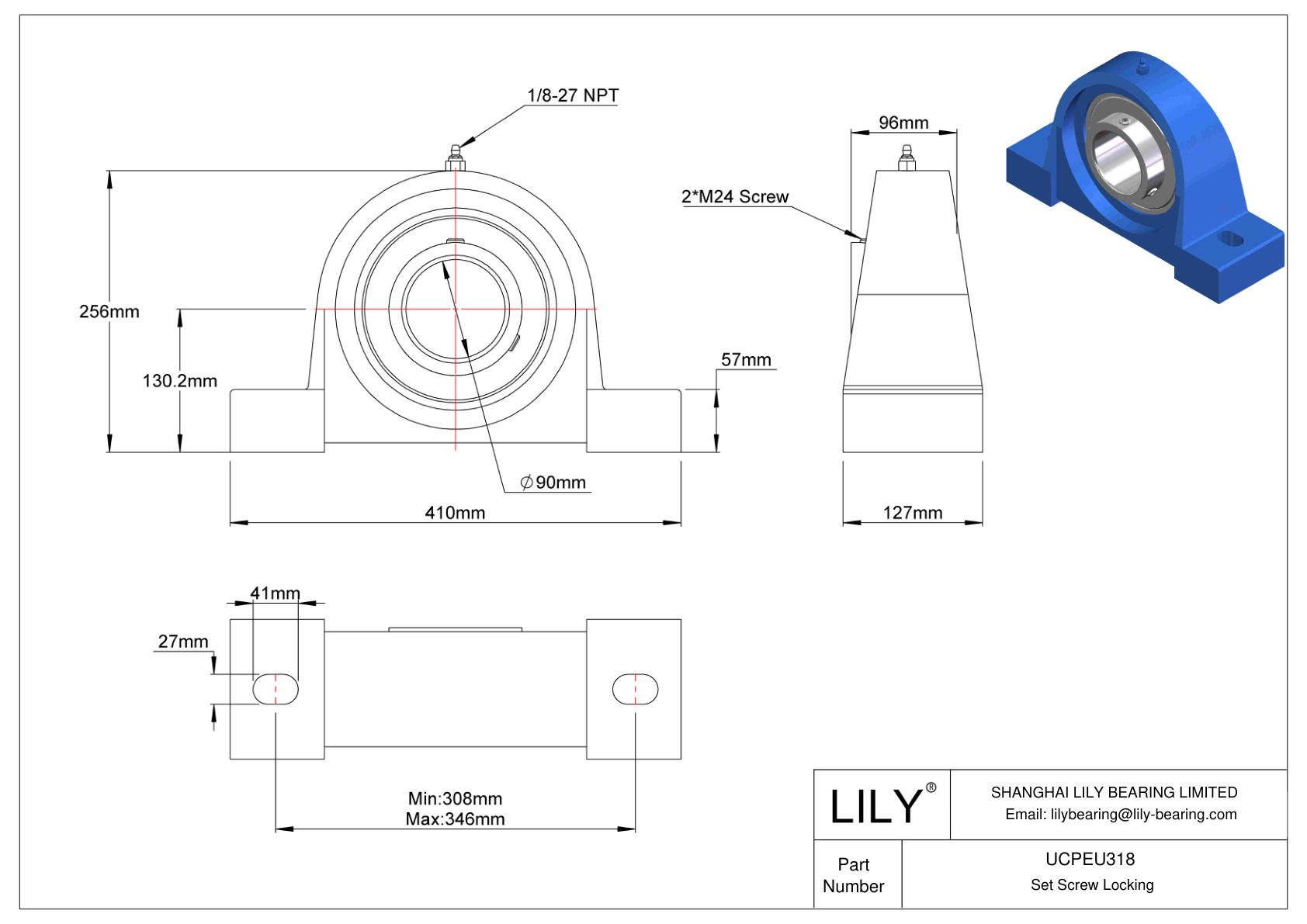 UCPEU318 Tornillo de fijación de rodamientos Pillow Block cad drawing