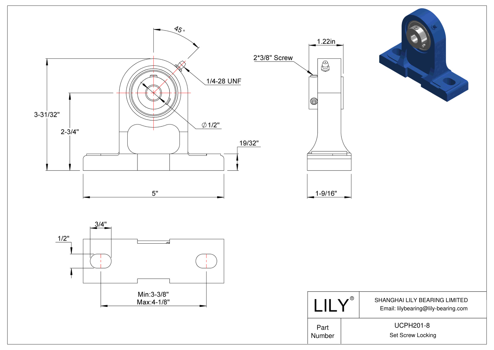 UCPH201-8 Pillow Block Bearing Set Screw Locking cad drawing