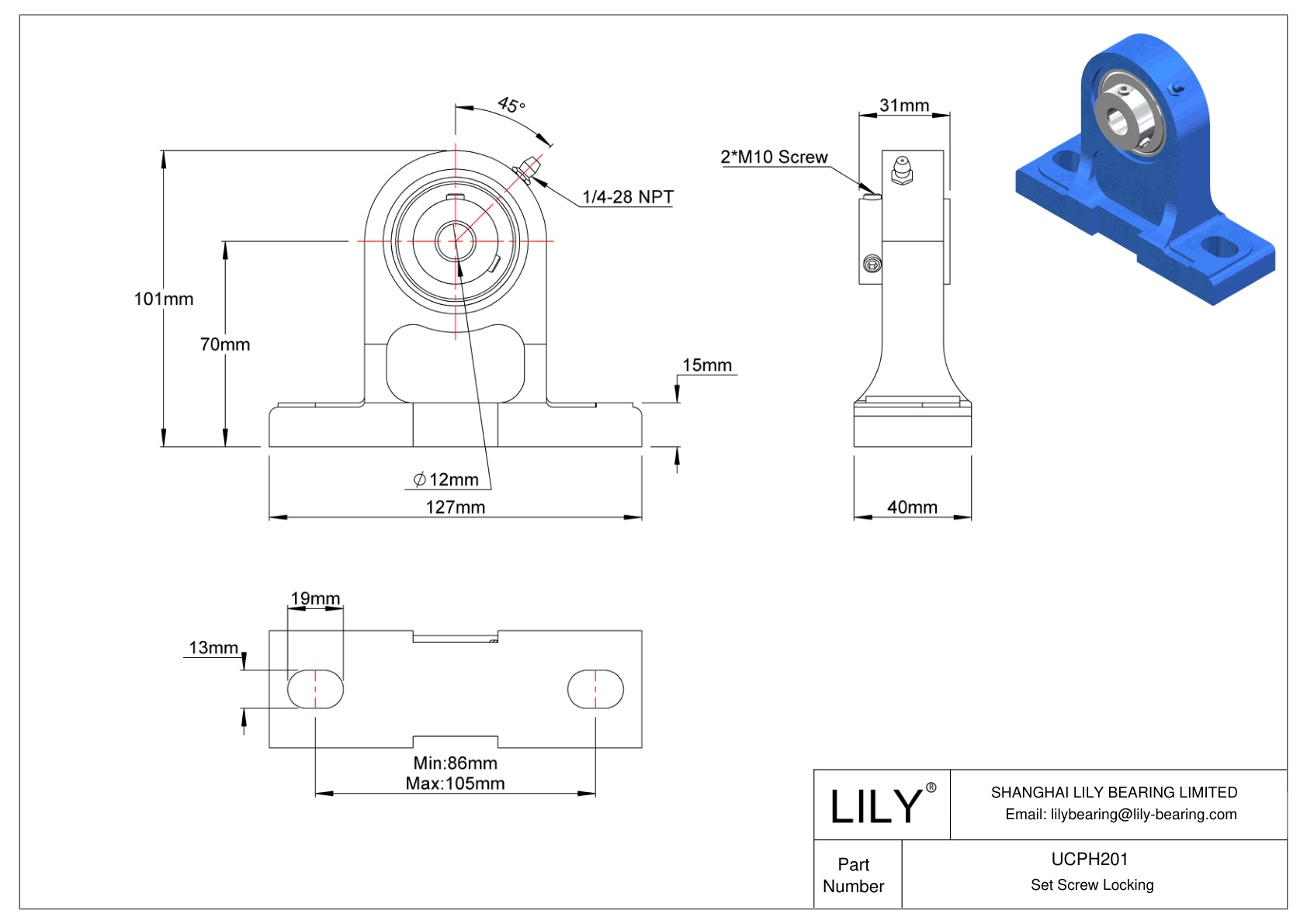 UCPH201 Tornillo de fijación de rodamientos Pillow Block cad drawing