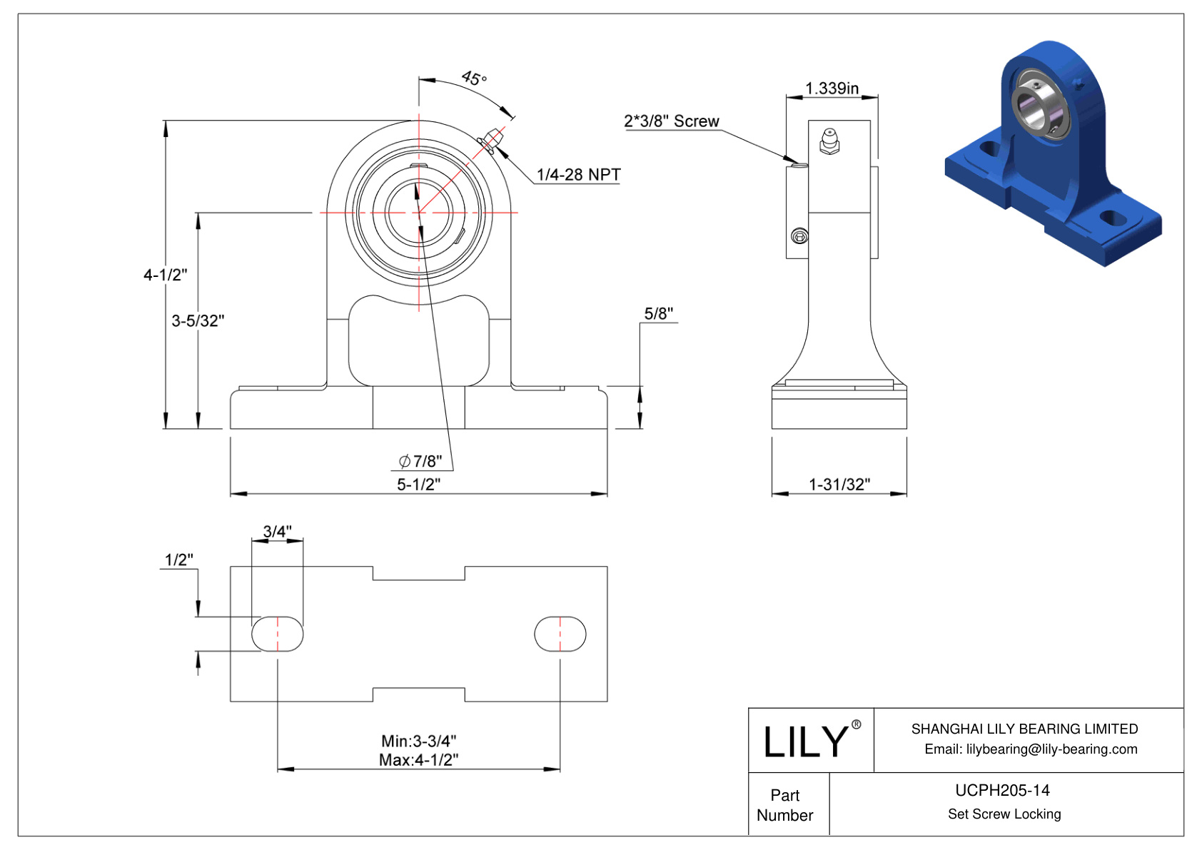 UCPH205-14 Pillow Block Bearing Set Screw Locking cad drawing