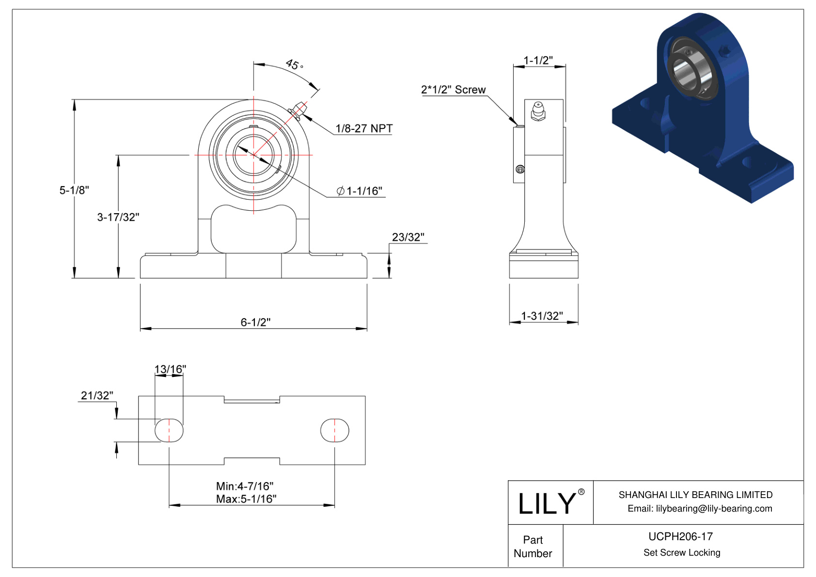 UCPH206-17 Pillow Block Bearing Set Screw Locking cad drawing