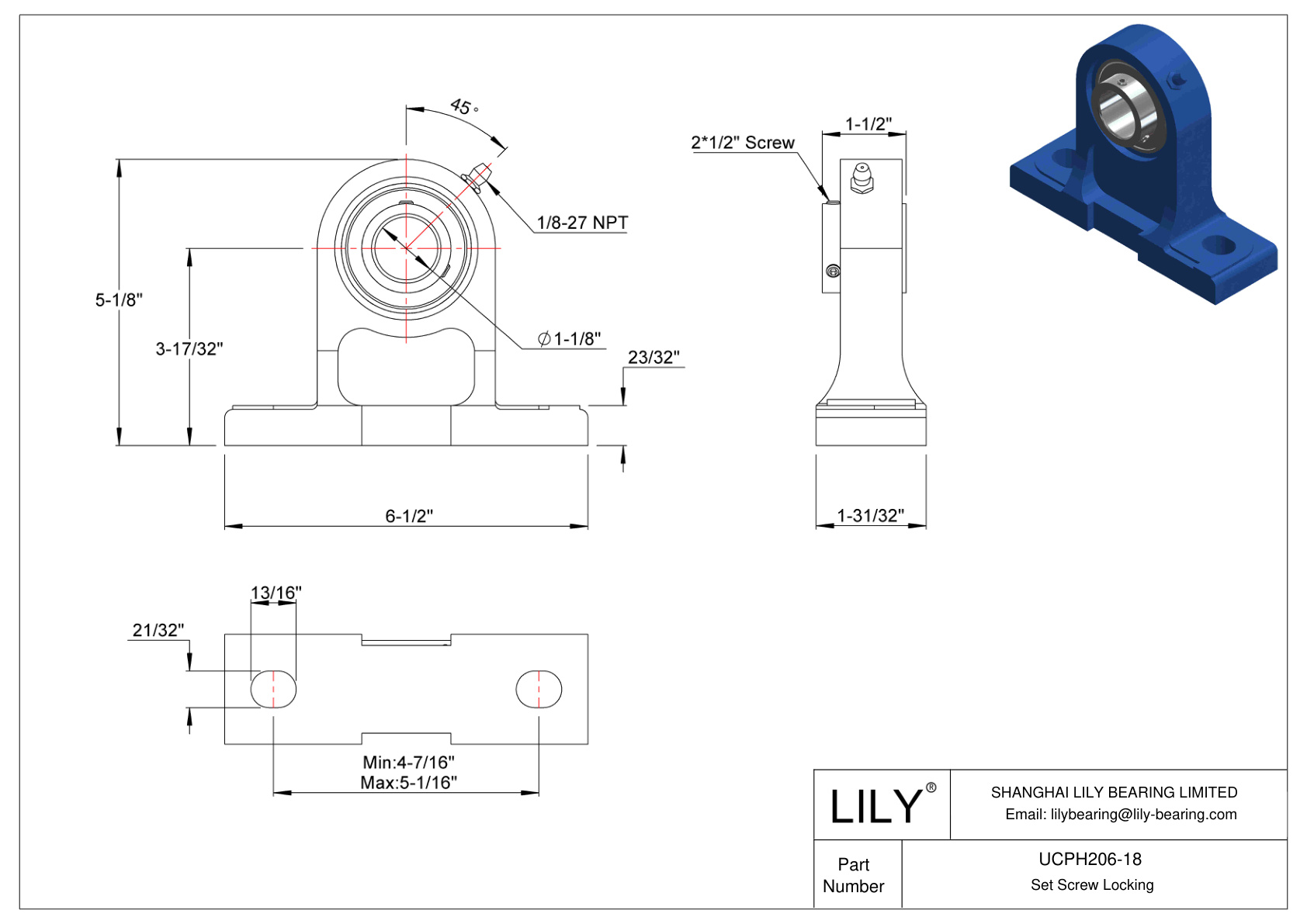 UCPH206-18 Pillow Block Bearing Set Screw Locking cad drawing