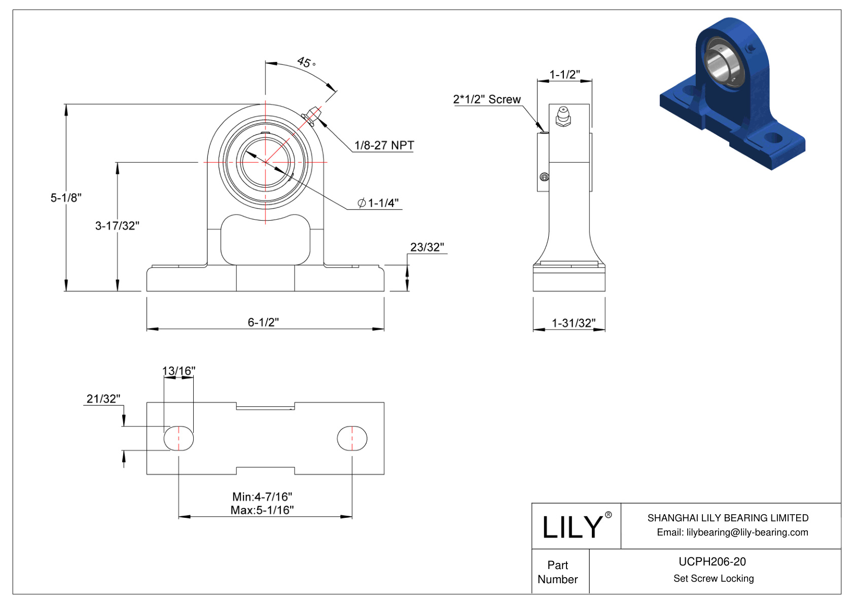 UCPH206-20 Pillow Block Bearing Set Screw Locking cad drawing