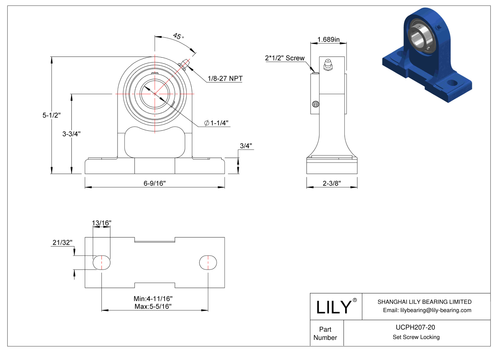 UCPH207-20 Tornillo de fijación de rodamientos Pillow Block cad drawing