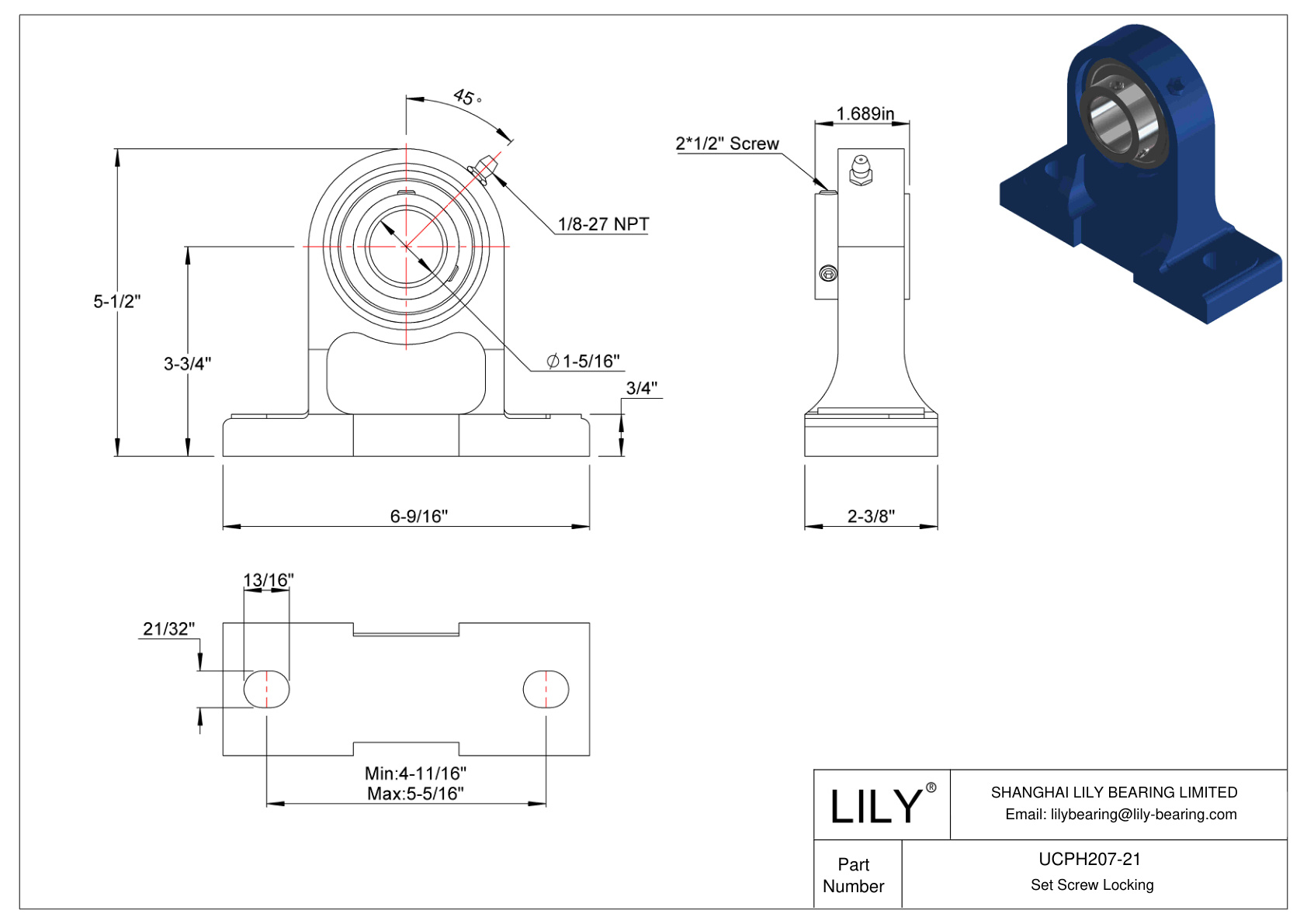 UCPH207-21 Tornillo de fijación de rodamientos Pillow Block cad drawing