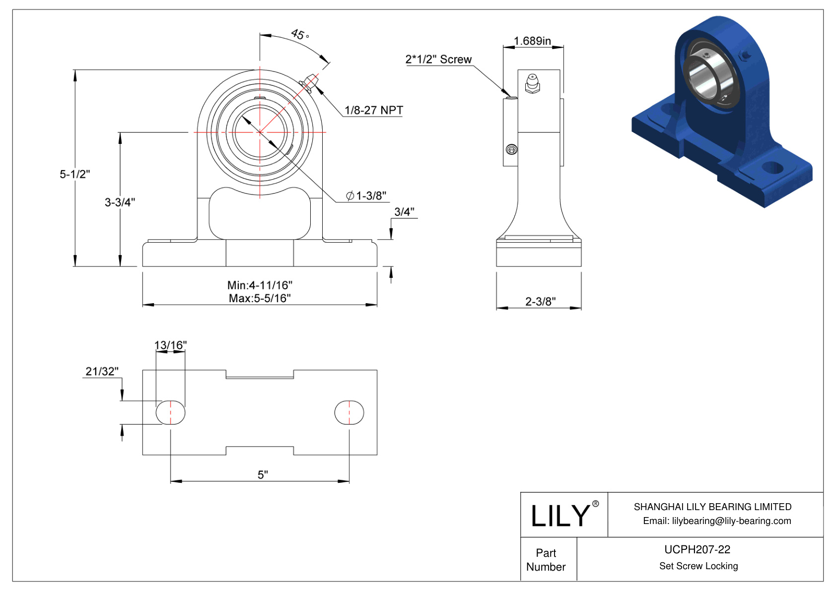 UCPH207-22 Pillow Block Bearing Set Screw Locking cad drawing