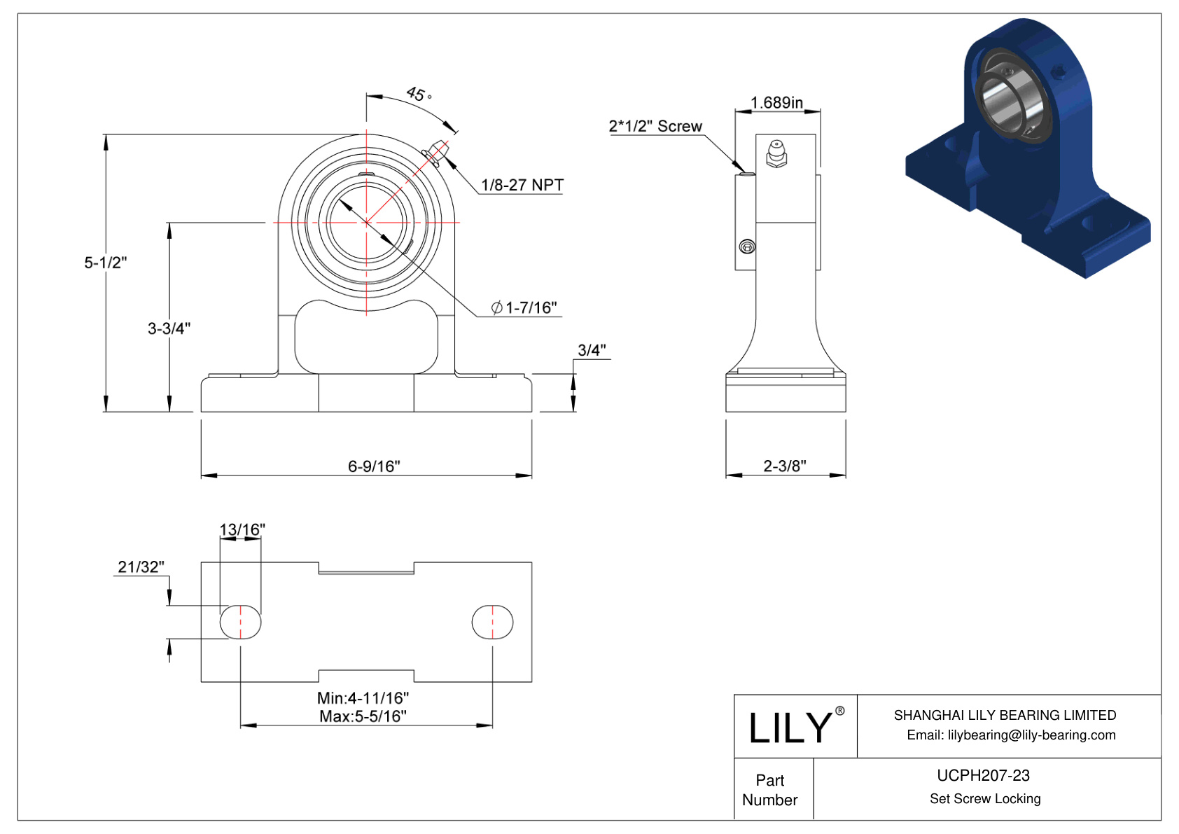 UCPH207-23 Tornillo de fijación de rodamientos Pillow Block cad drawing