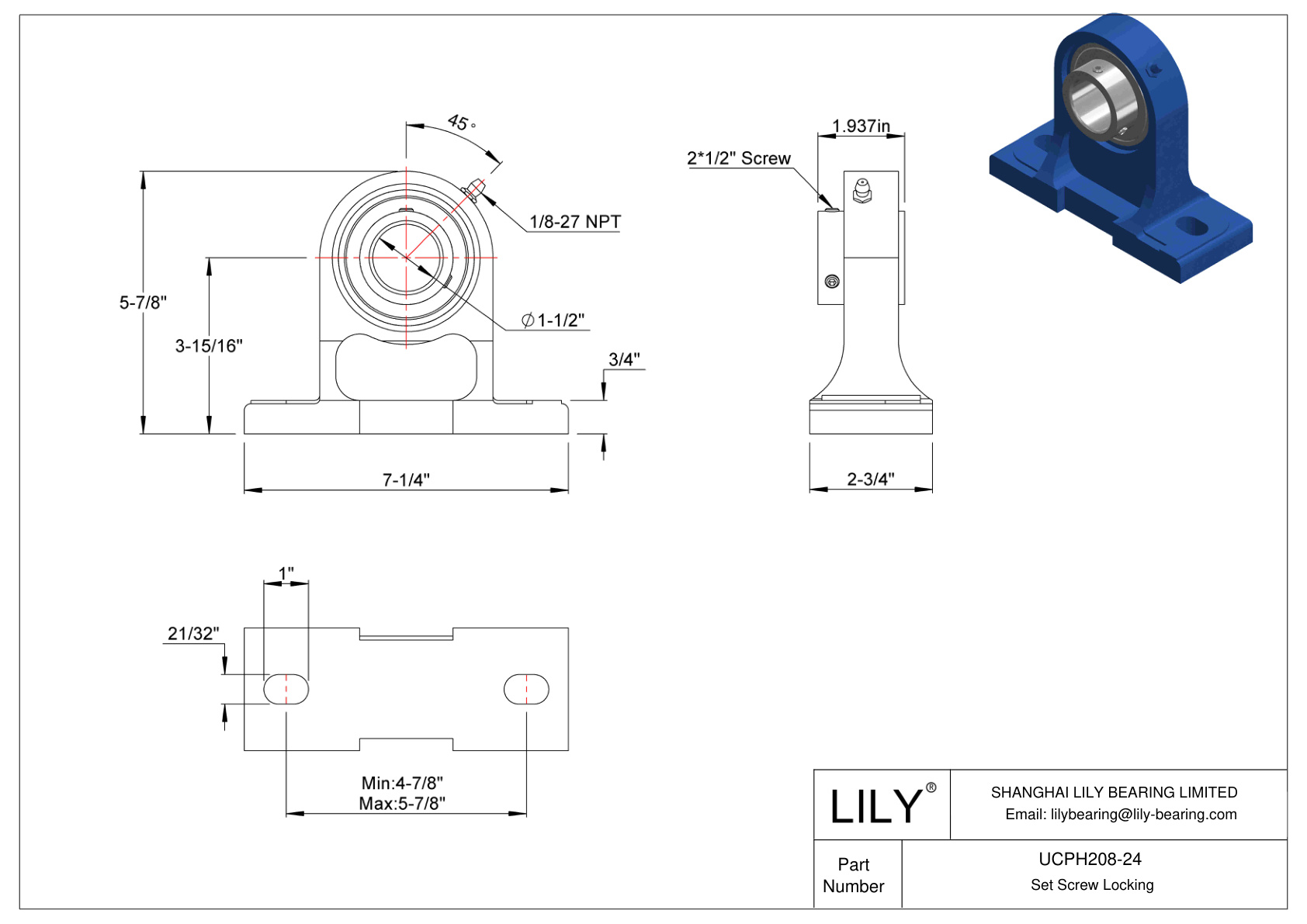 UCPH208-24 Tornillo de fijación de rodamientos Pillow Block cad drawing