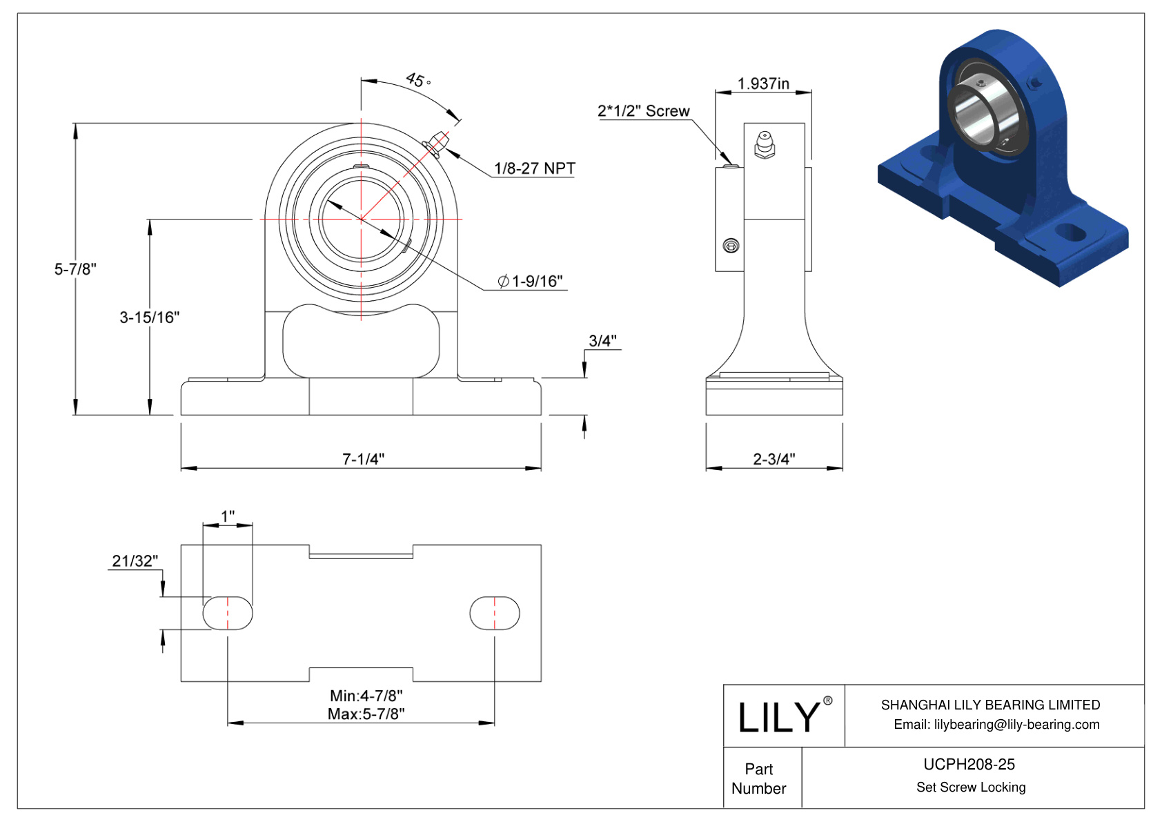 UCPH208-25 Tornillo de fijación de rodamientos Pillow Block cad drawing