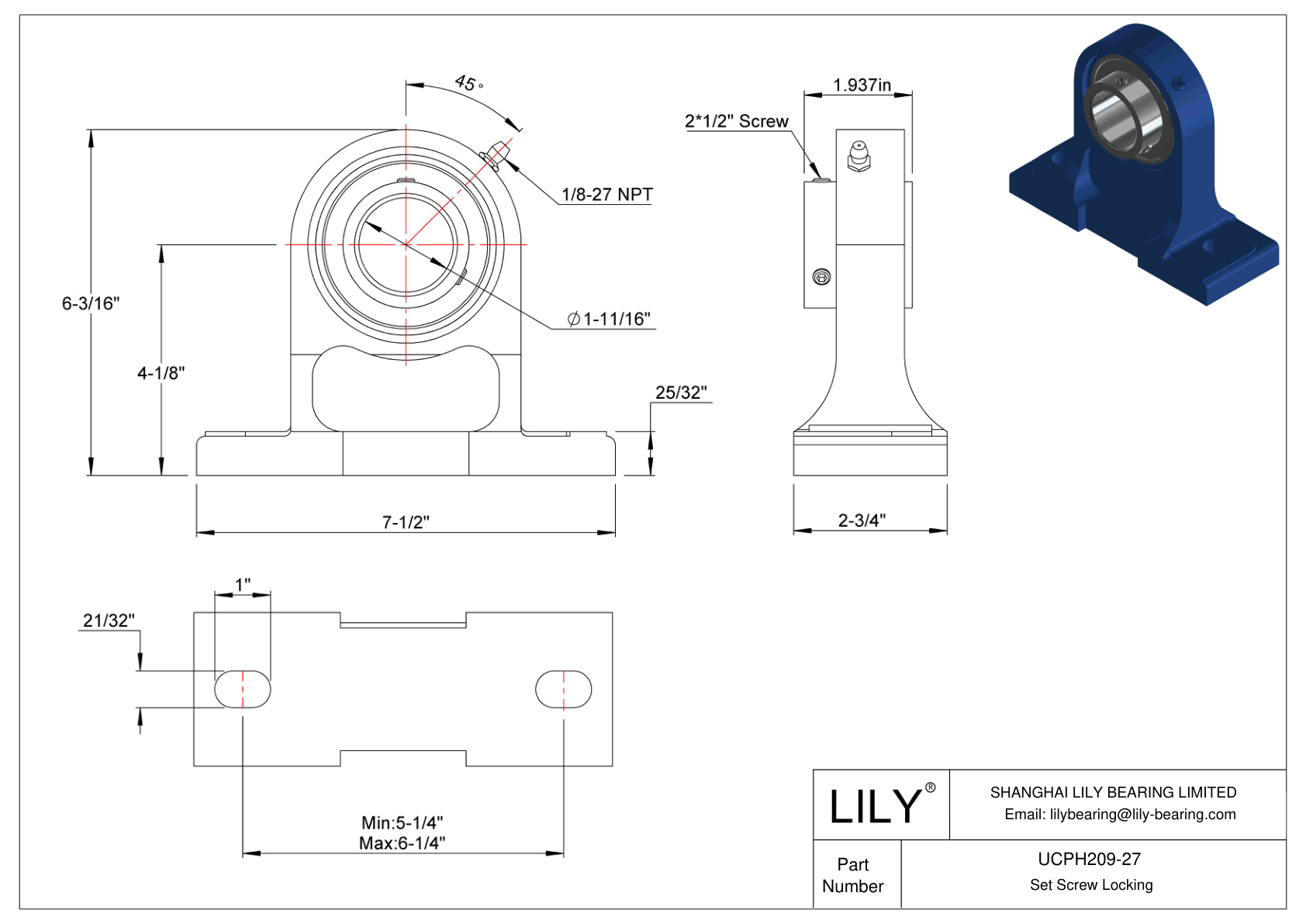 UCPH209-27 Tornillo de fijación de rodamientos Pillow Block cad drawing