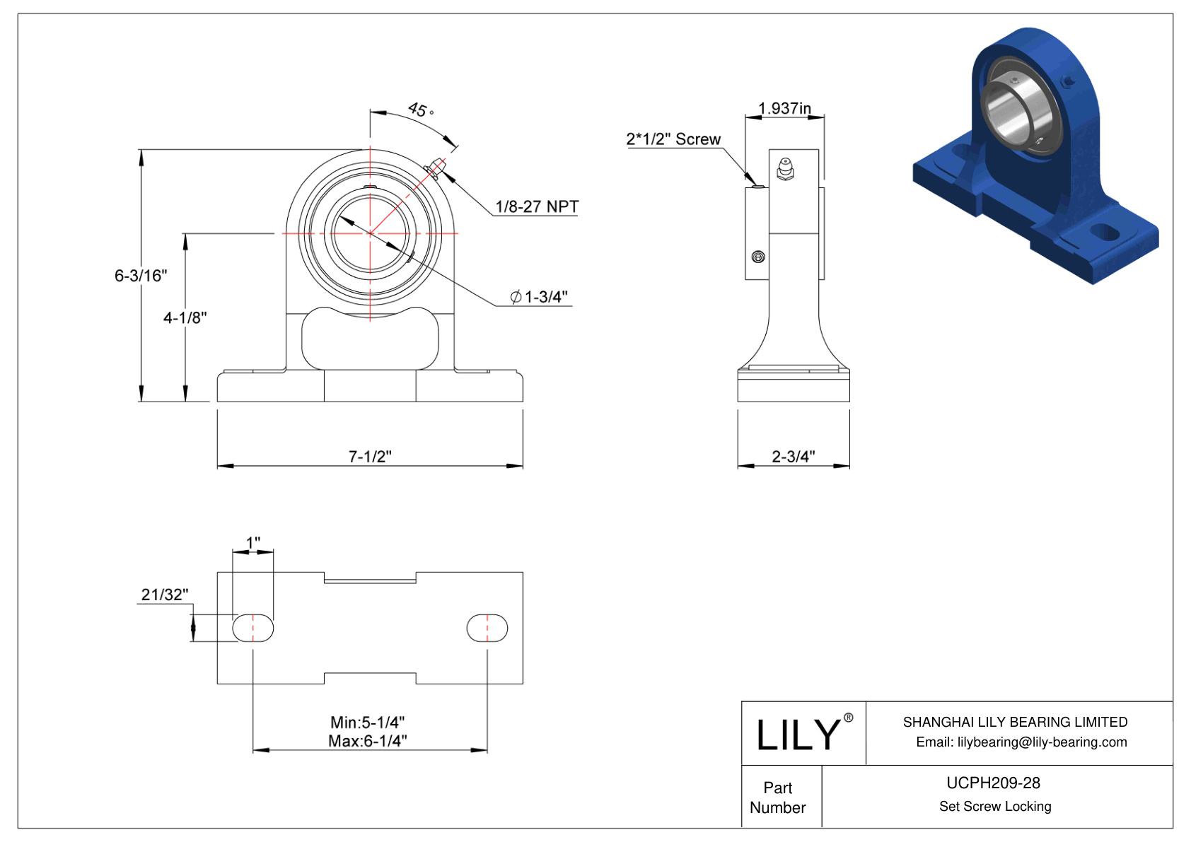 UCPH209-28 Pillow Block Bearing Set Screw Locking cad drawing