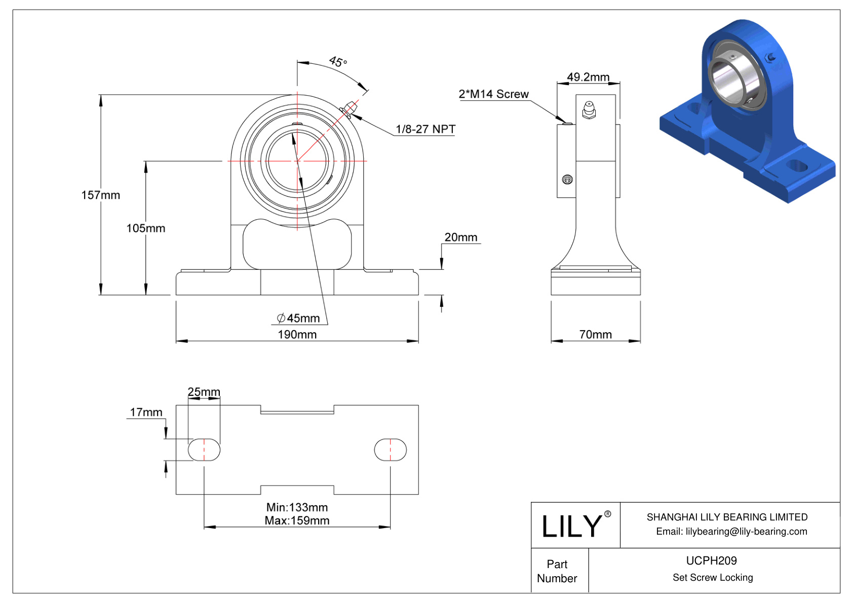 UCPH209 Tornillo de fijación de rodamientos Pillow Block cad drawing