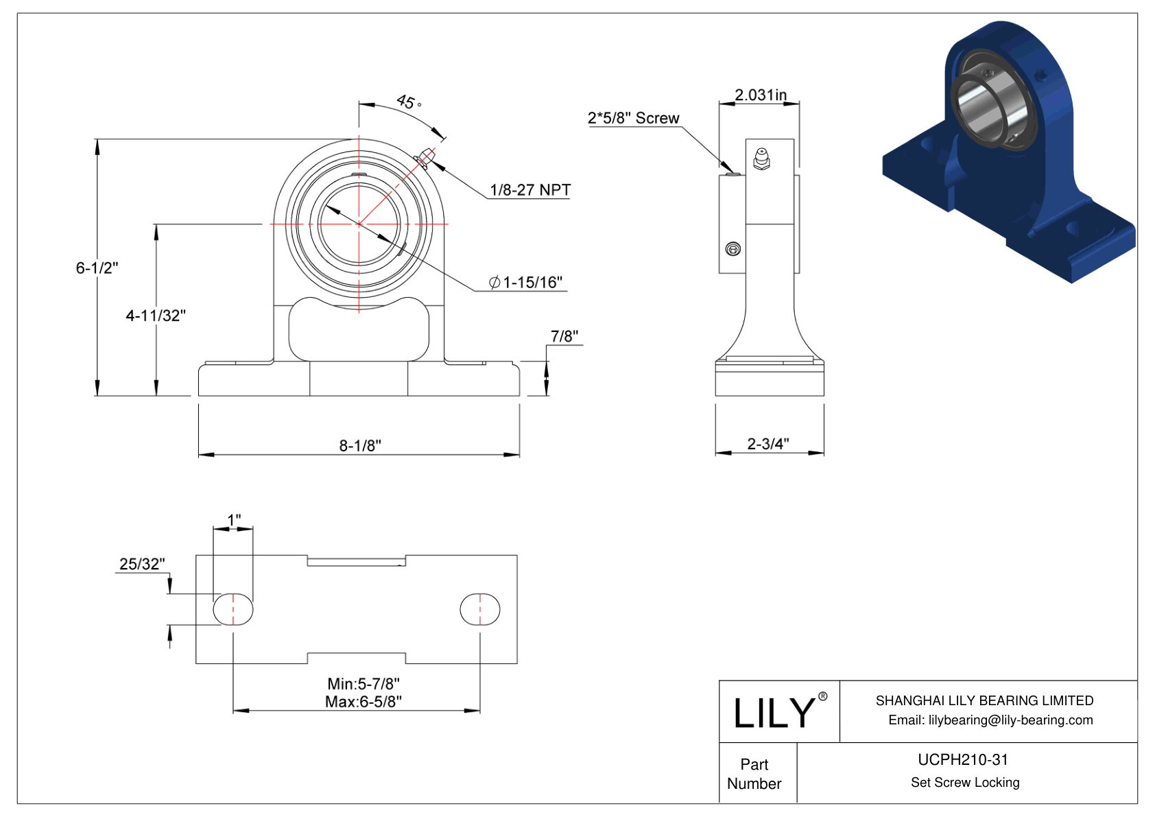 UCPH210-31 Tornillo de fijación de rodamientos Pillow Block cad drawing