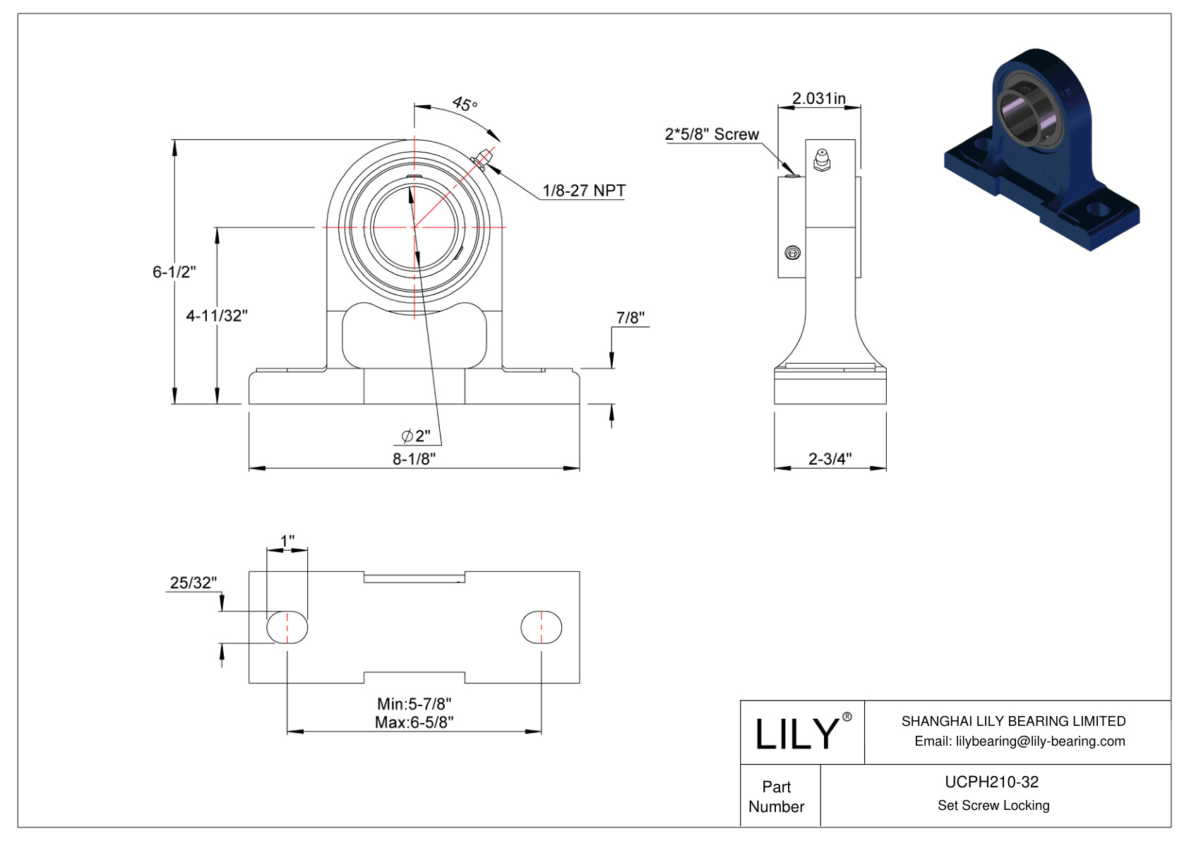 UCPH210-32 Pillow Block Bearing Set Screw Locking cad drawing