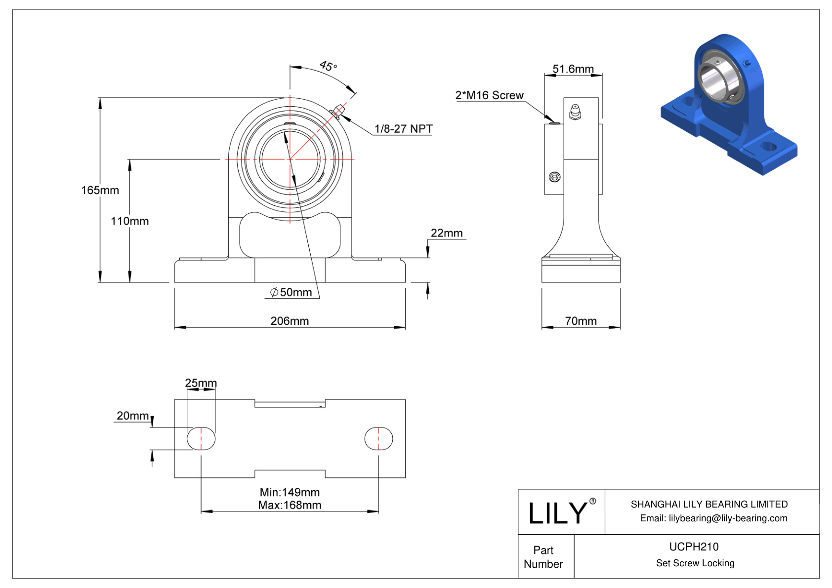 UCPH210 Pillow Block Bearing Set Screw Locking cad drawing