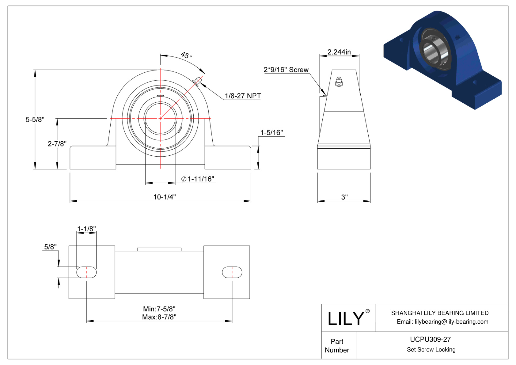 UCPU309-27 Pillow Block Bearing Set Screw Locking cad drawing