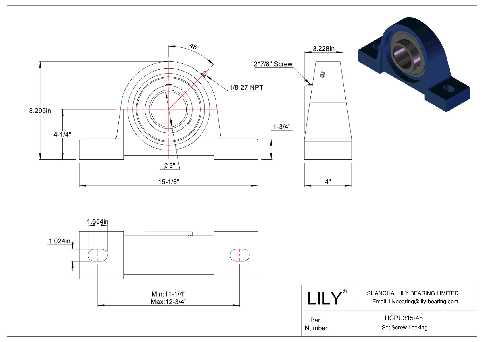 UCPU315-48 Pillow Block Bearing Set Screw Locking cad drawing