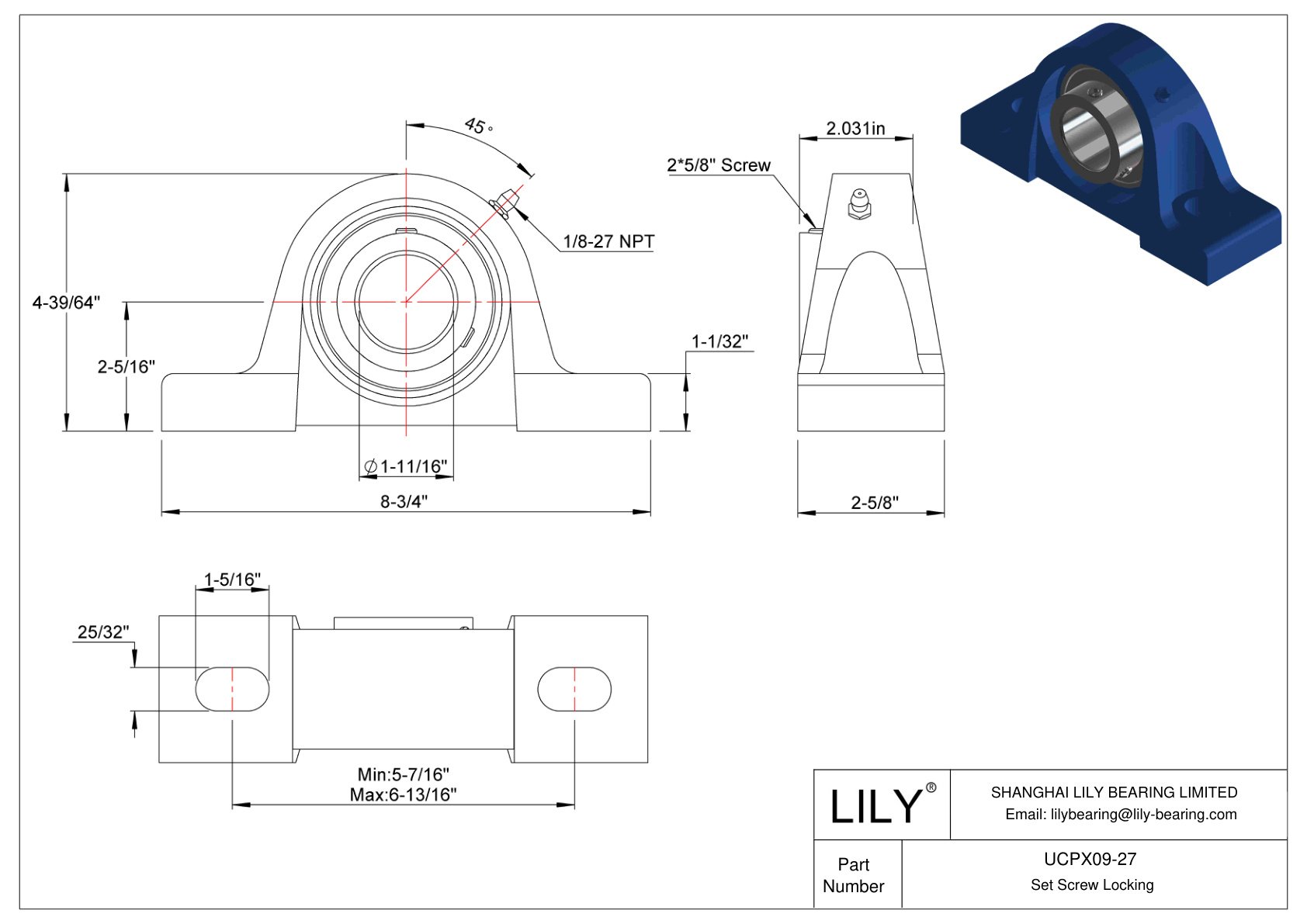 UCPX09-27 Pillow Block Bearing Set Screw Locking cad drawing