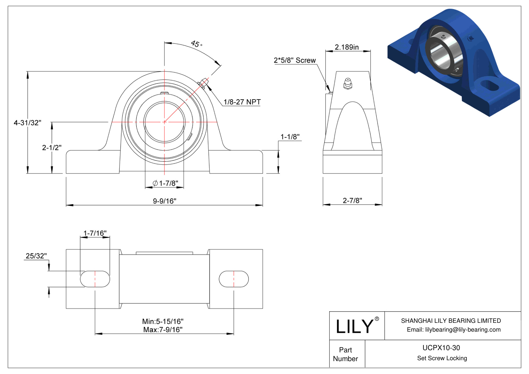 UCPX10-30 Pillow Block Bearing Set Screw Locking cad drawing