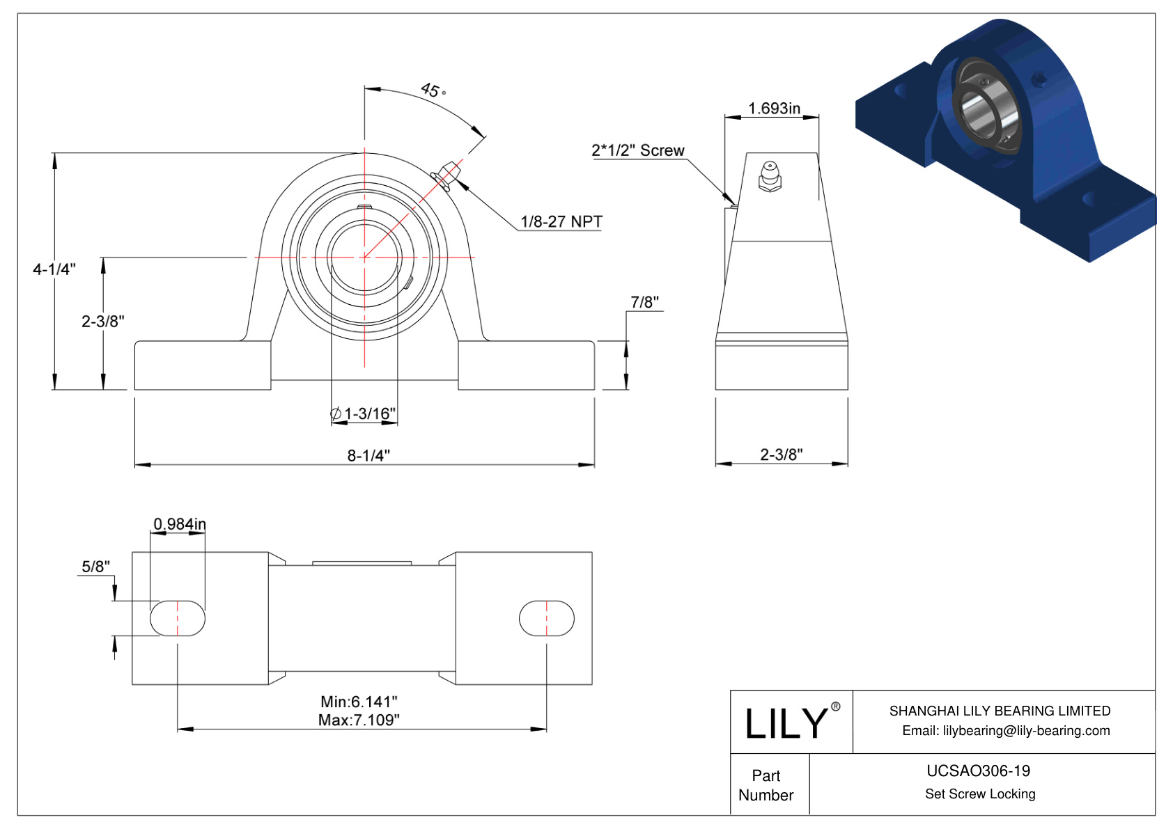 UCSAO306-19 Pillow Block Bearing Set Screw Locking cad drawing