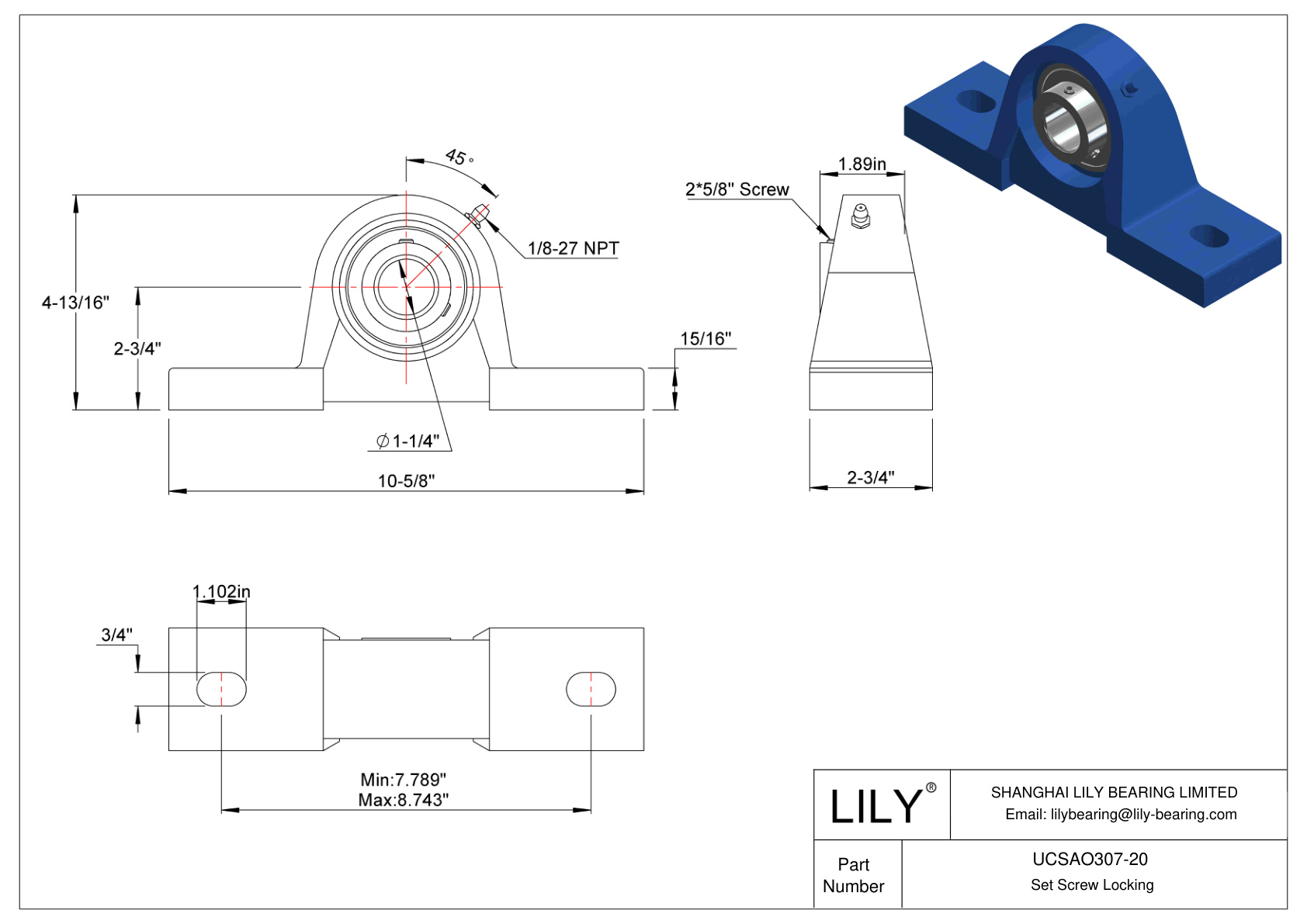 UCSAO307-20 Tornillo de fijación de rodamientos Pillow Block cad drawing