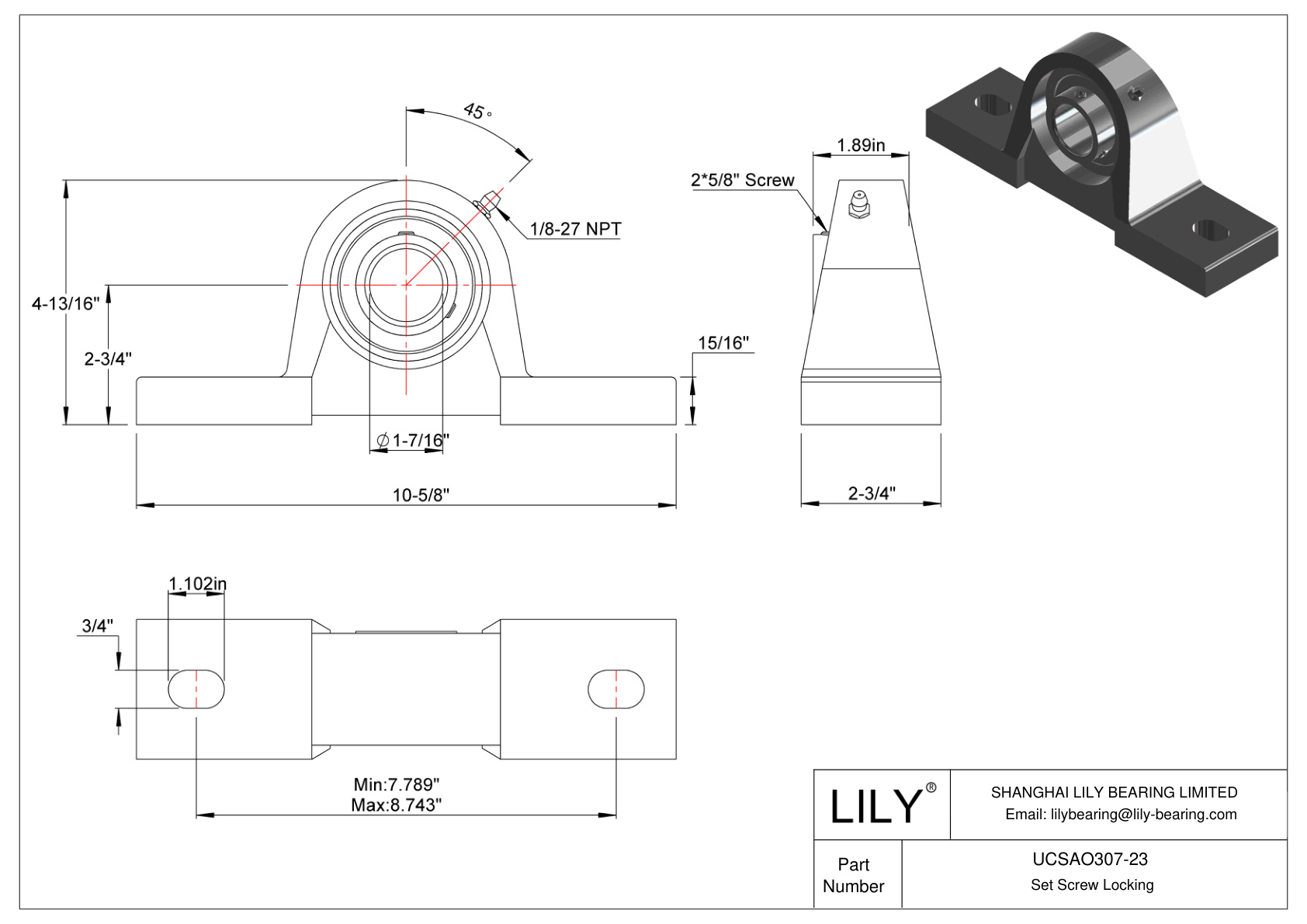 UCSAO307-23 Pillow Block Bearing Set Screw Locking cad drawing