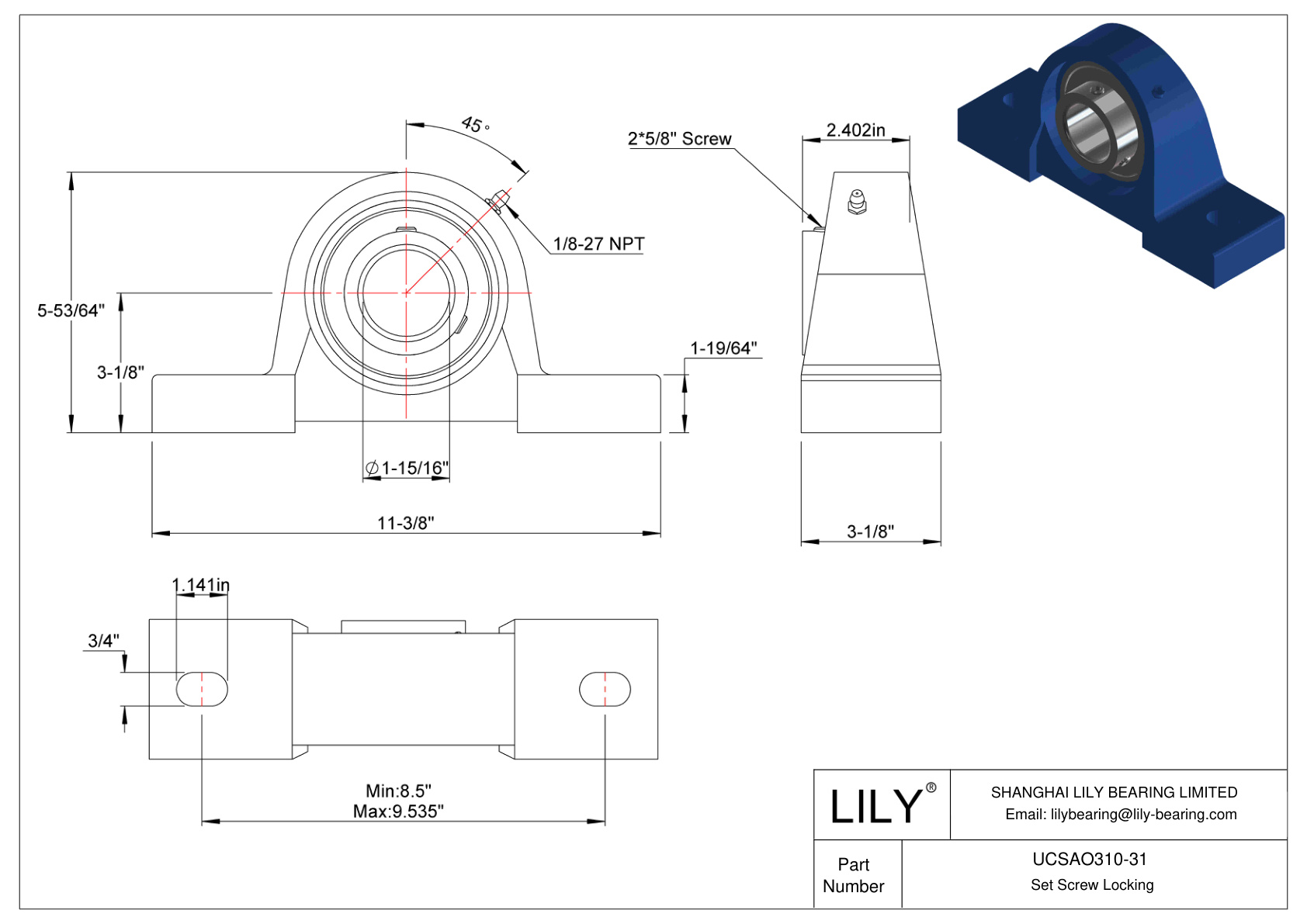 UCSAO310-31 Pillow Block Bearing Set Screw Locking cad drawing