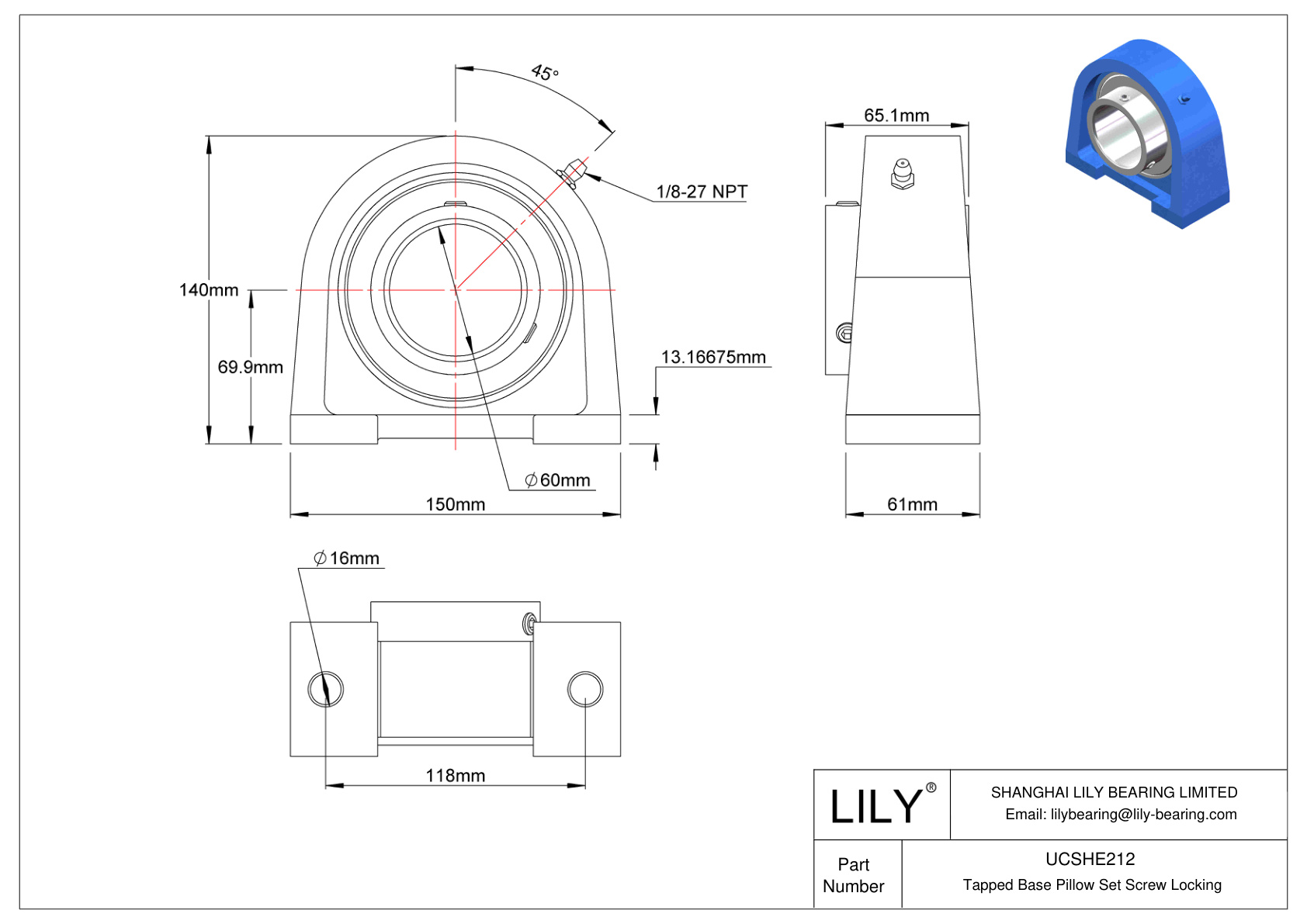 UCSHE212 Tapped Base Pillow Set Screw Locking cad drawing