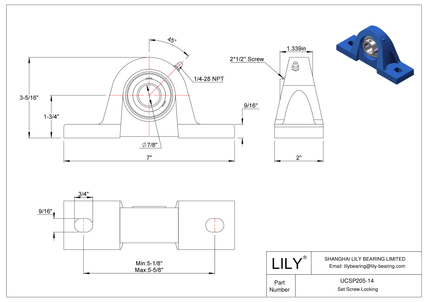 UCSP205-14 Pillow Block Bearing Set Screw Locking cad drawing