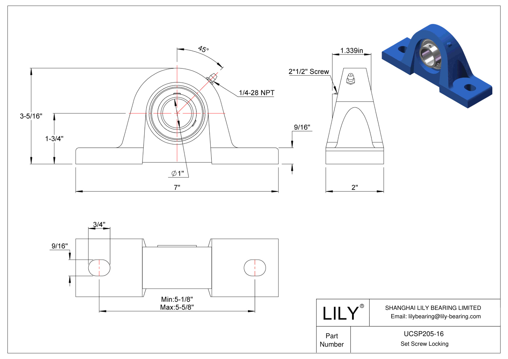 UCSP205-16 Tornillo de fijación de rodamientos Pillow Block cad drawing