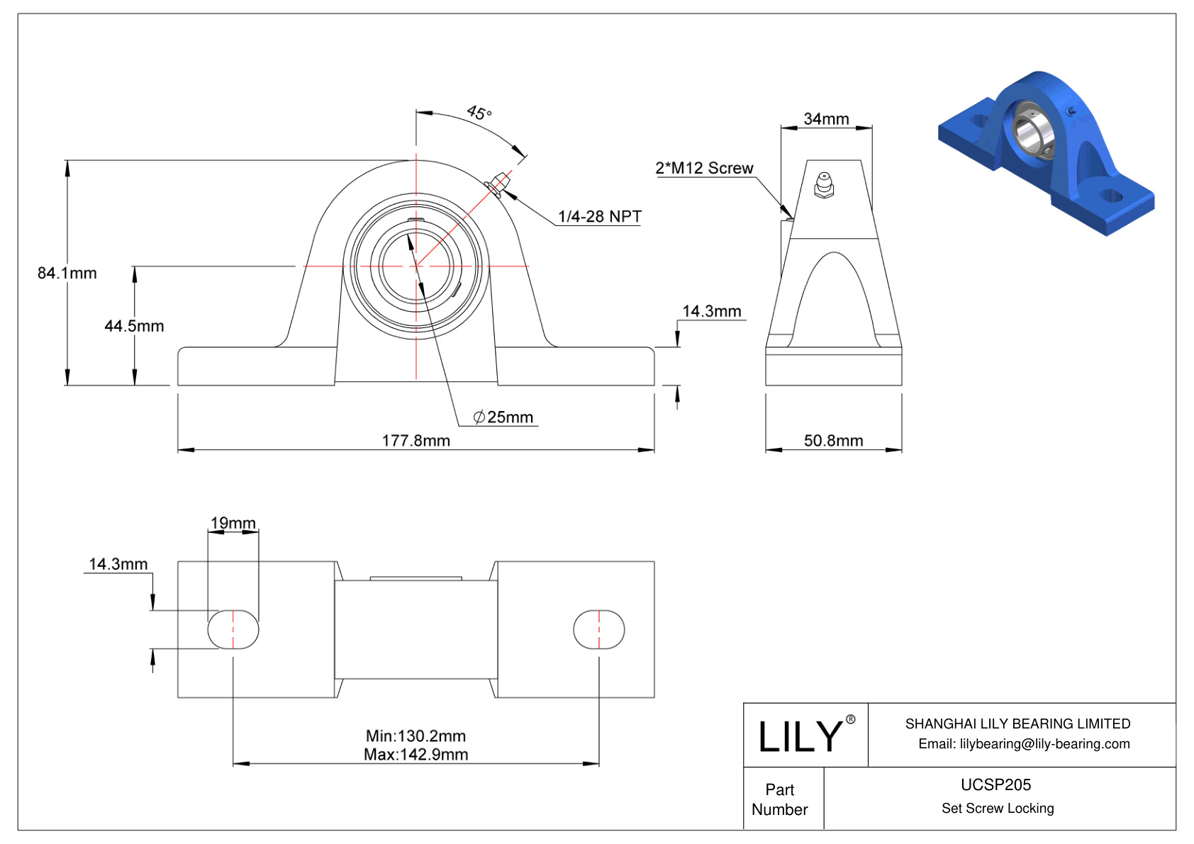 UCSP205 Tornillo de fijación de rodamientos Pillow Block cad drawing