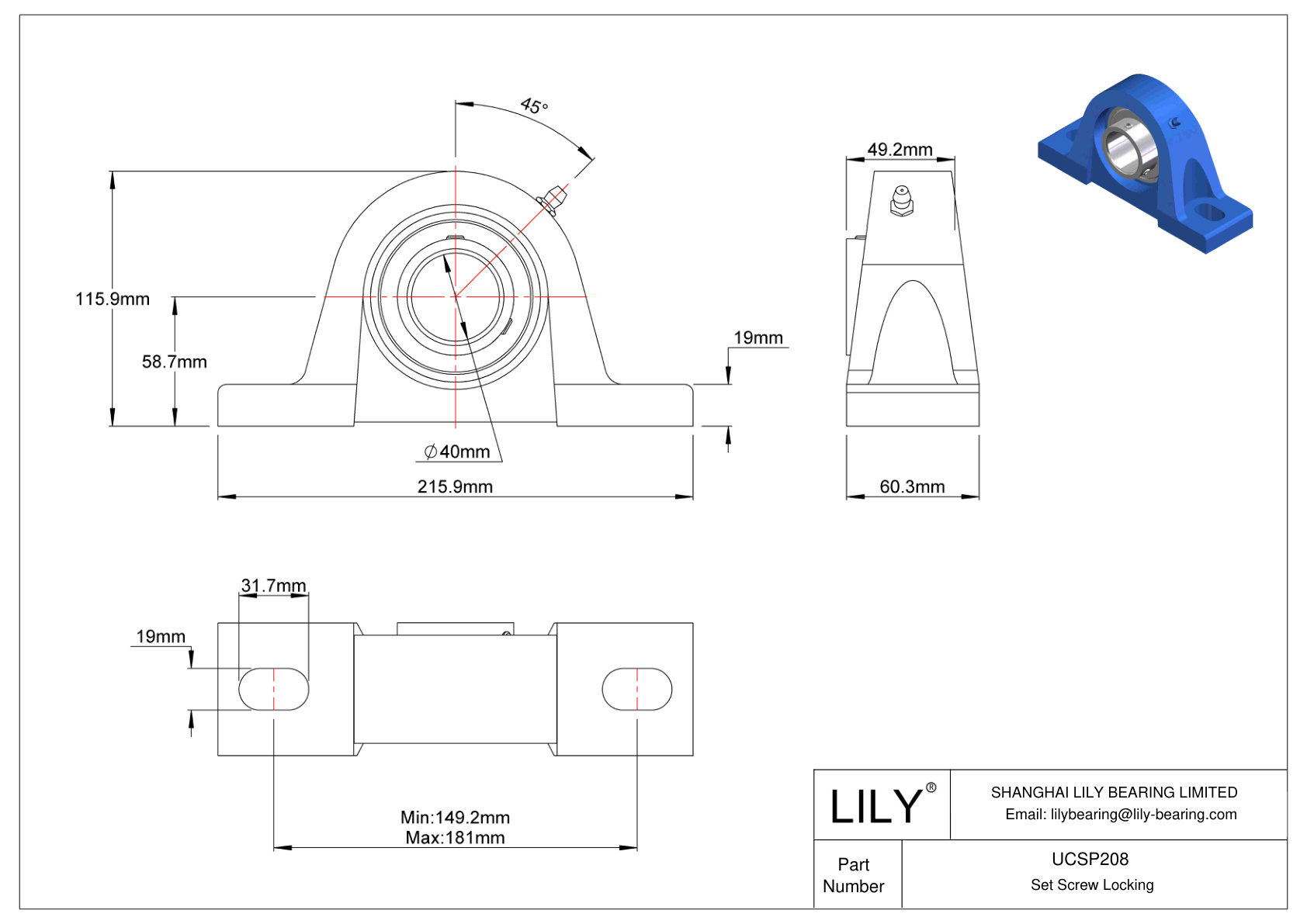 UCSP208 Tornillo de fijación de rodamientos Pillow Block cad drawing