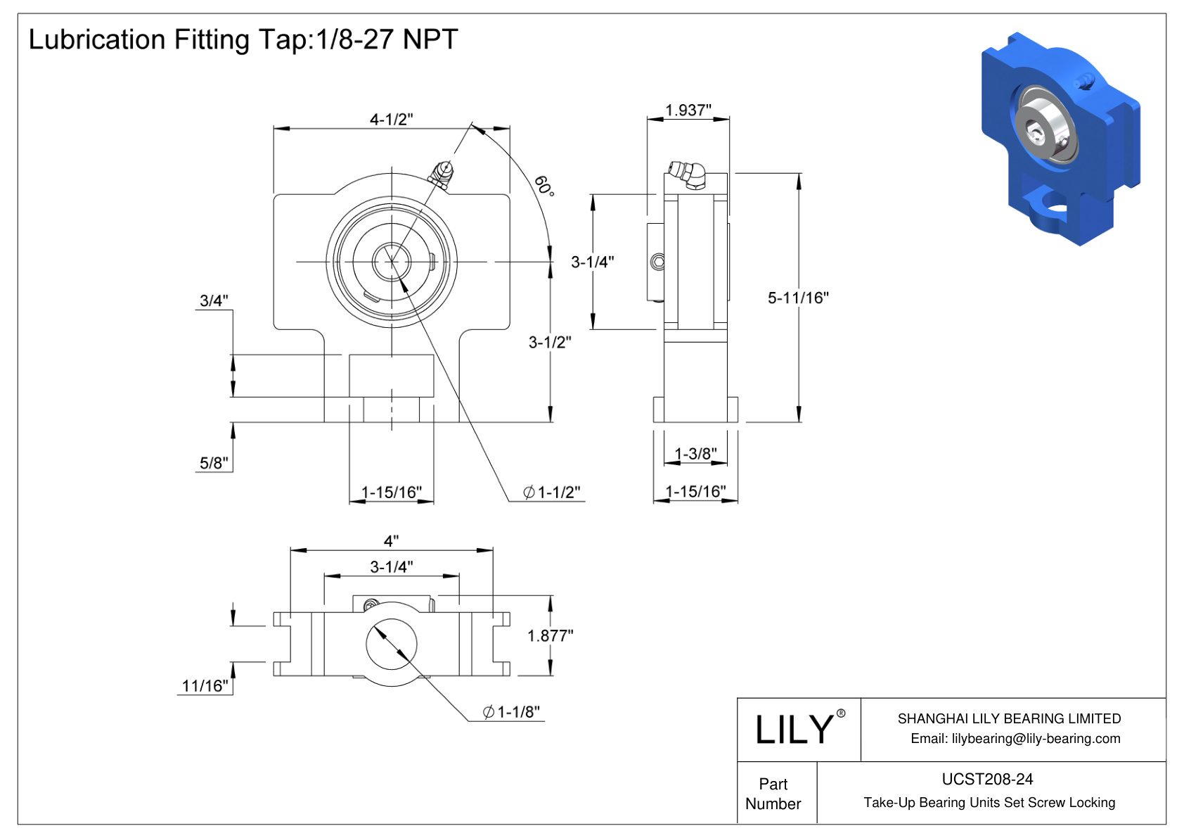 UCST208-24 Take-Up Bearing Units Set Screw Locking cad drawing