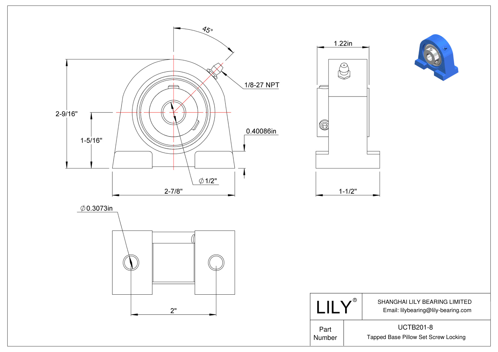 UCTB201-8 Tapped Base Pillow Set Screw Locking cad drawing