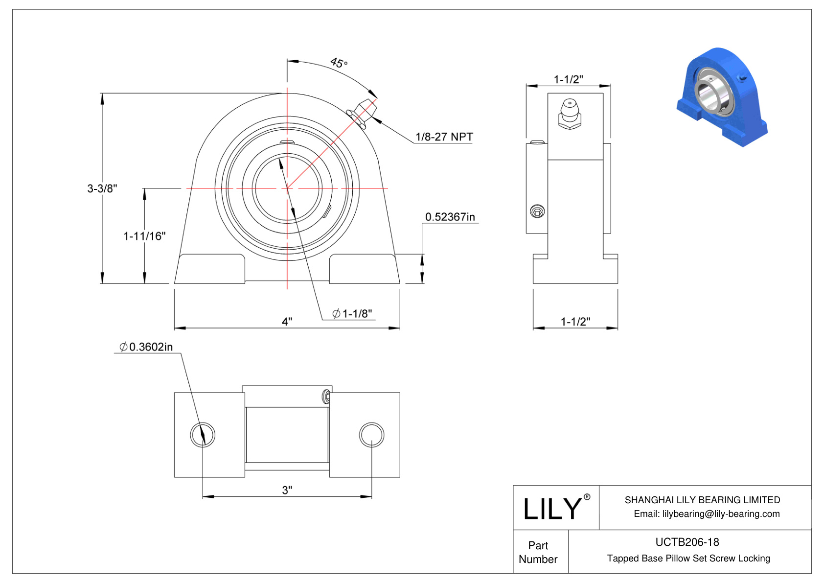 UCTB206-18 Tapped Base Pillow Set Screw Locking cad drawing