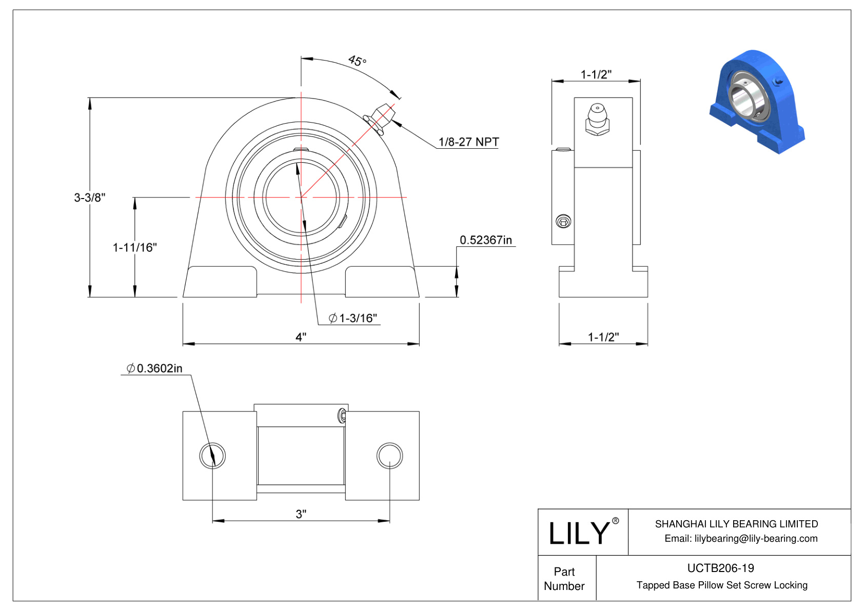 UCTB206-19 Base roscada Tornillo prisionero Bloqueo cad drawing