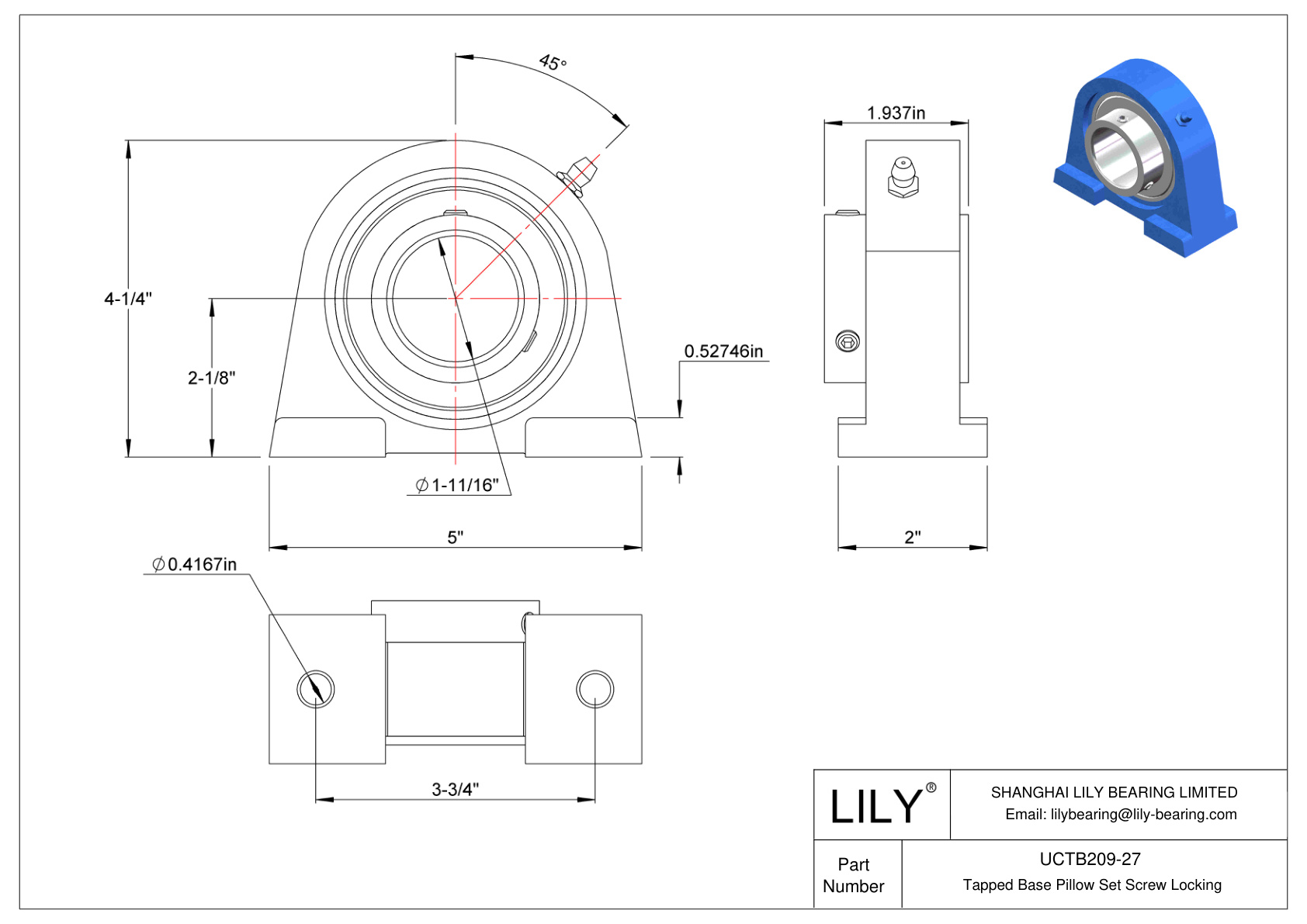 UCTB209-27 Tapped Base Pillow Set Screw Locking cad drawing