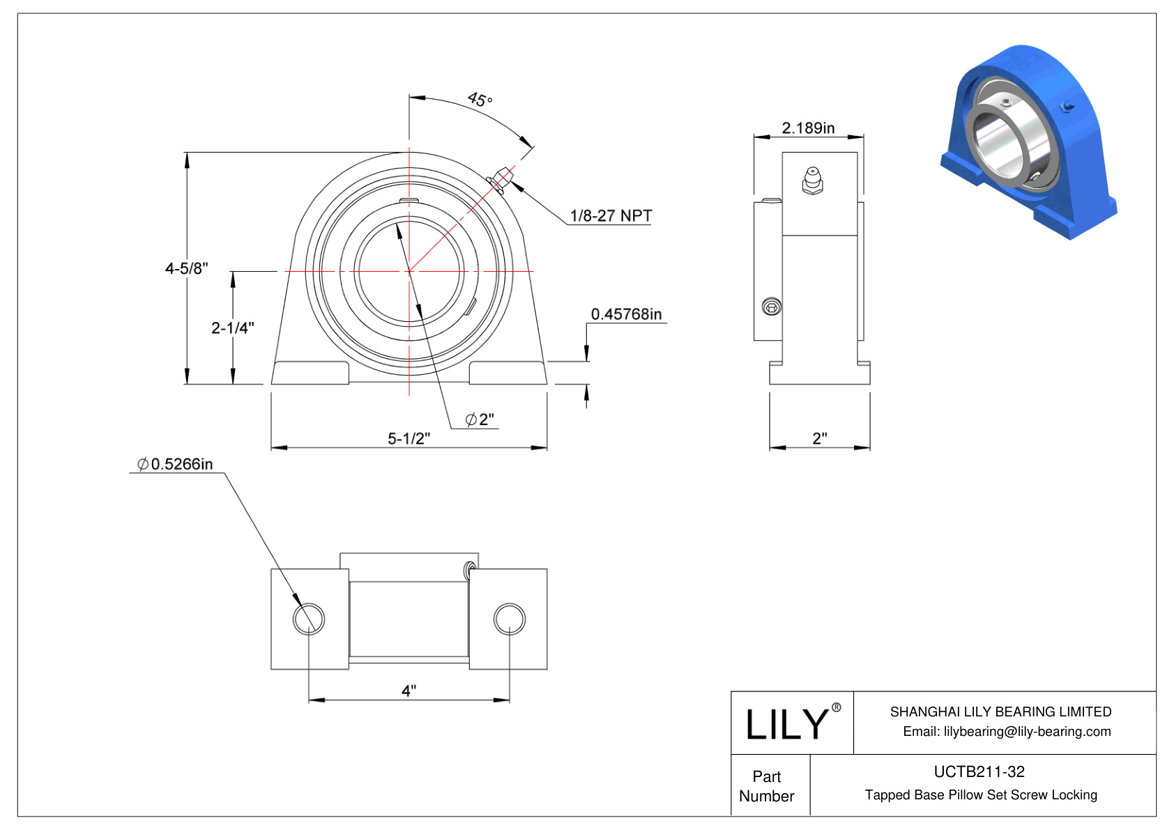 UCTB211-32 Tapped Base Pillow Set Screw Locking cad drawing