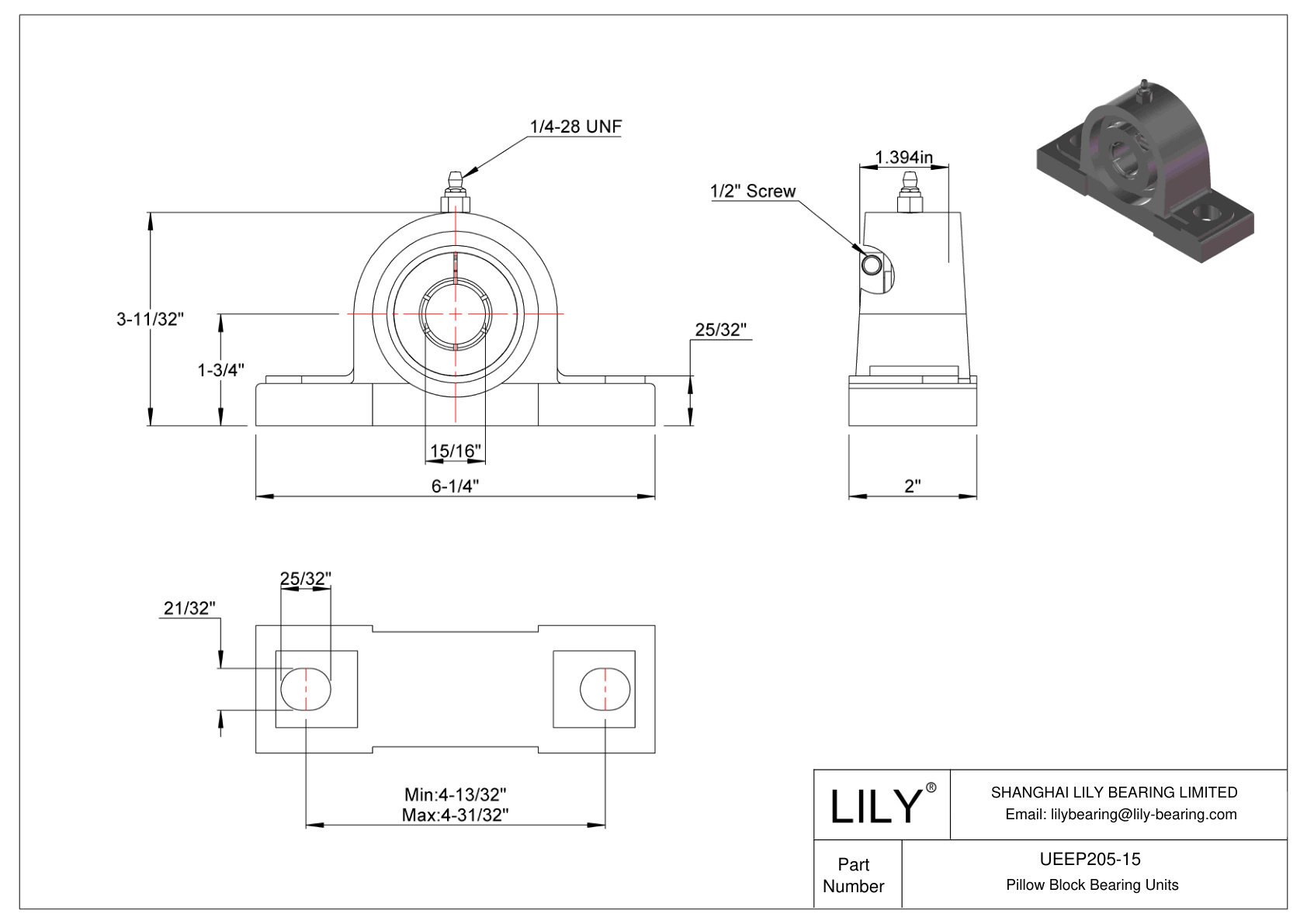 UEEP205-15 Pillow Block Bearing Accu-Loc Concentric Collar Locking cad drawing