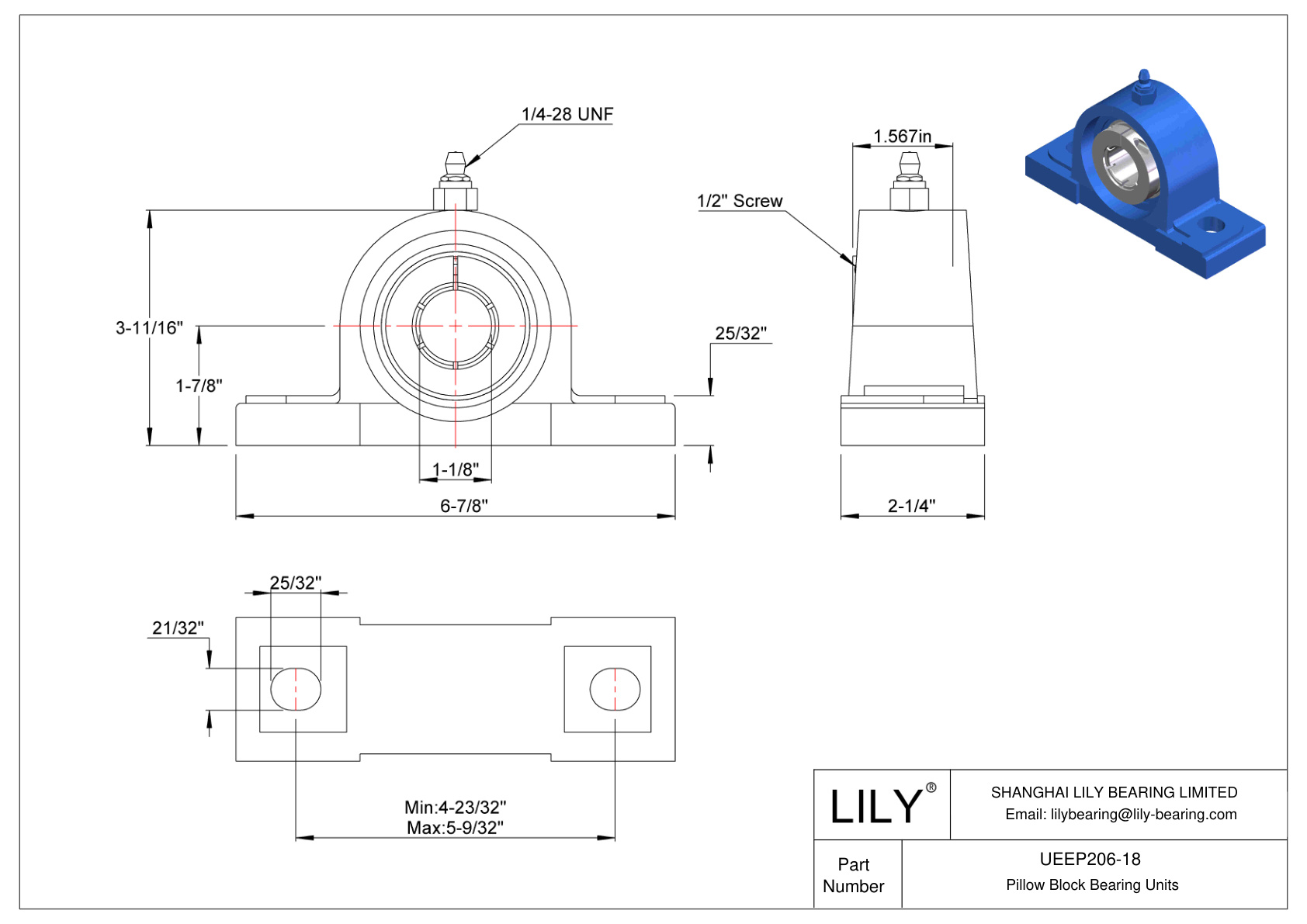 UEEP206-18 Pillow Block Bearing Accu-Loc Concentric Collar Locking cad drawing