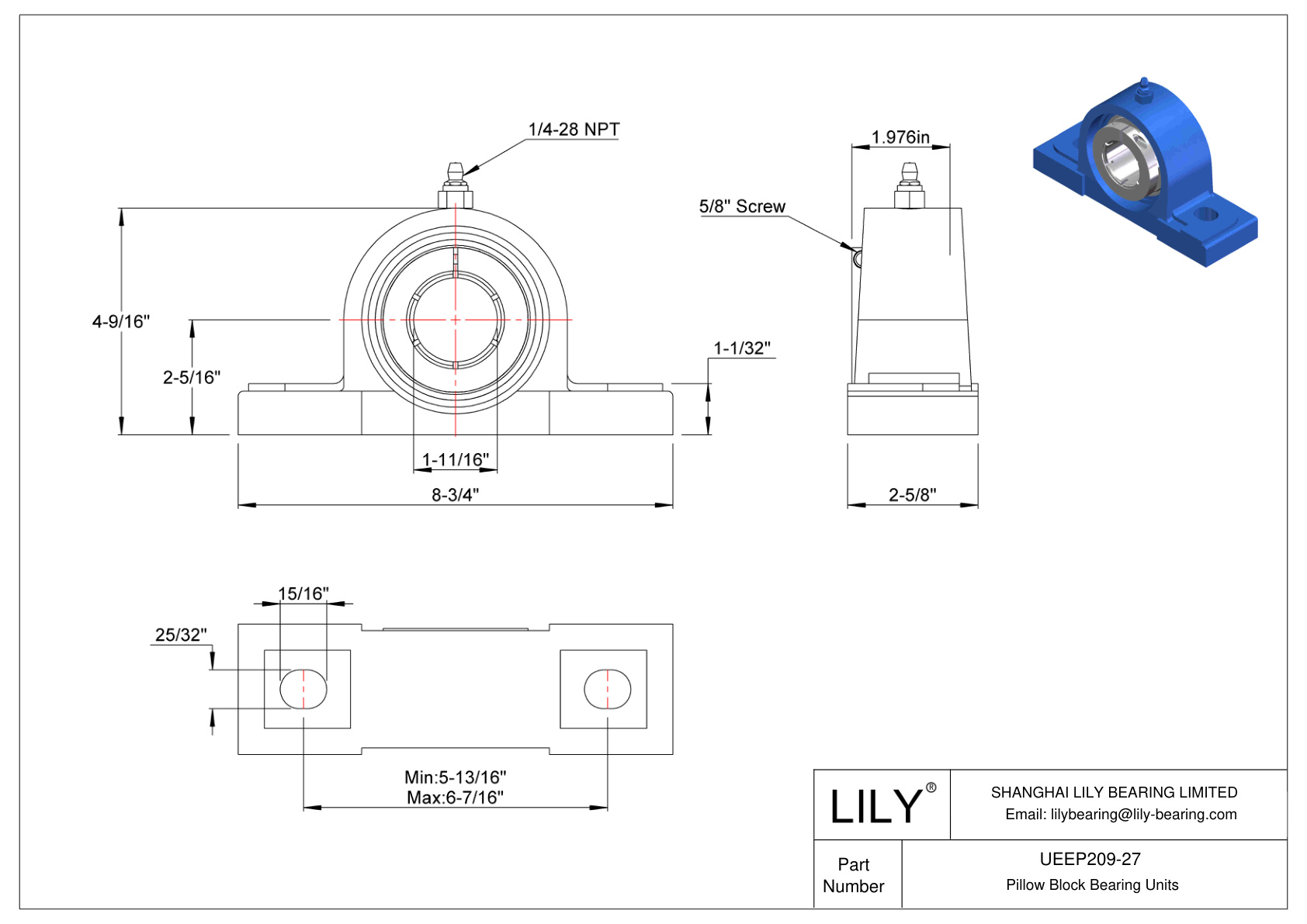 UEEP209-27 Pillow Block Bearing Accu-Loc Concentric Collar Locking cad drawing