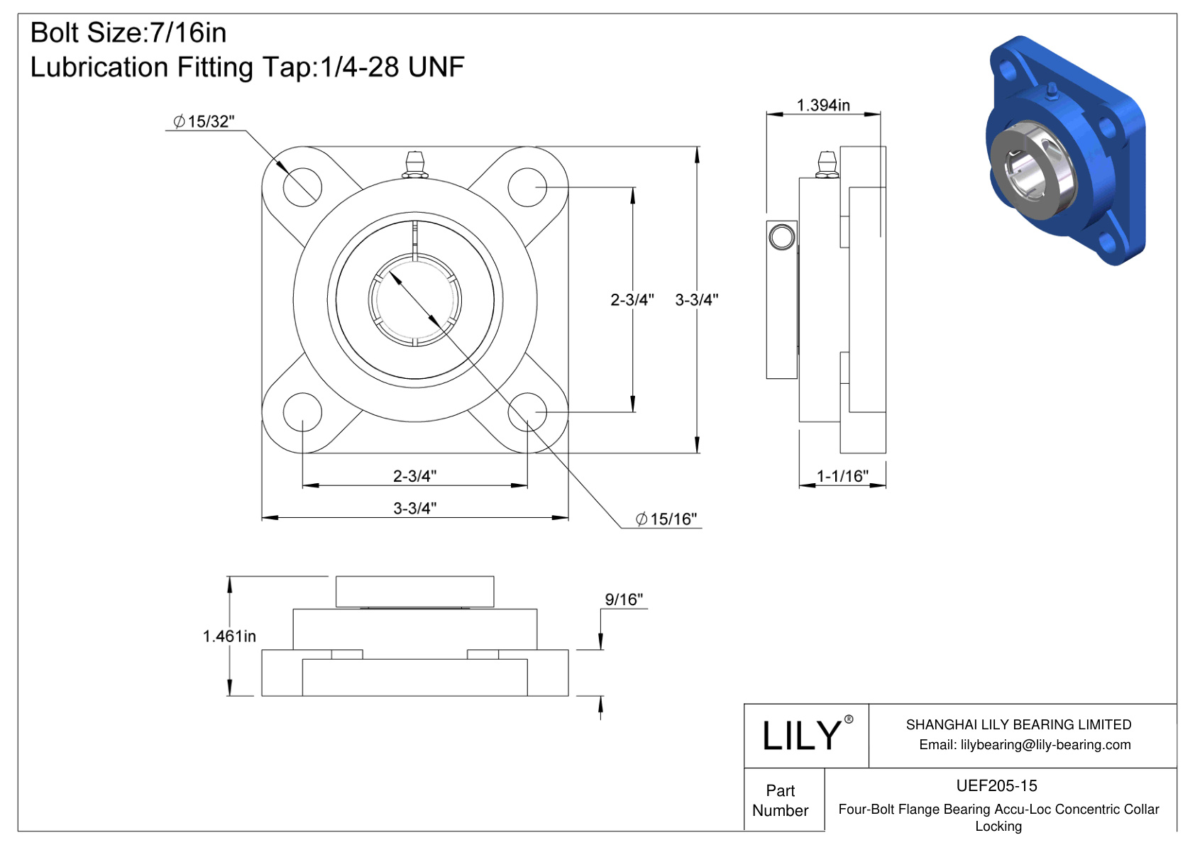 UEF205-15 Cojinete de brida de cuatro tornillos Bloqueo de collarín concéntrico Accu-Loc cad drawing