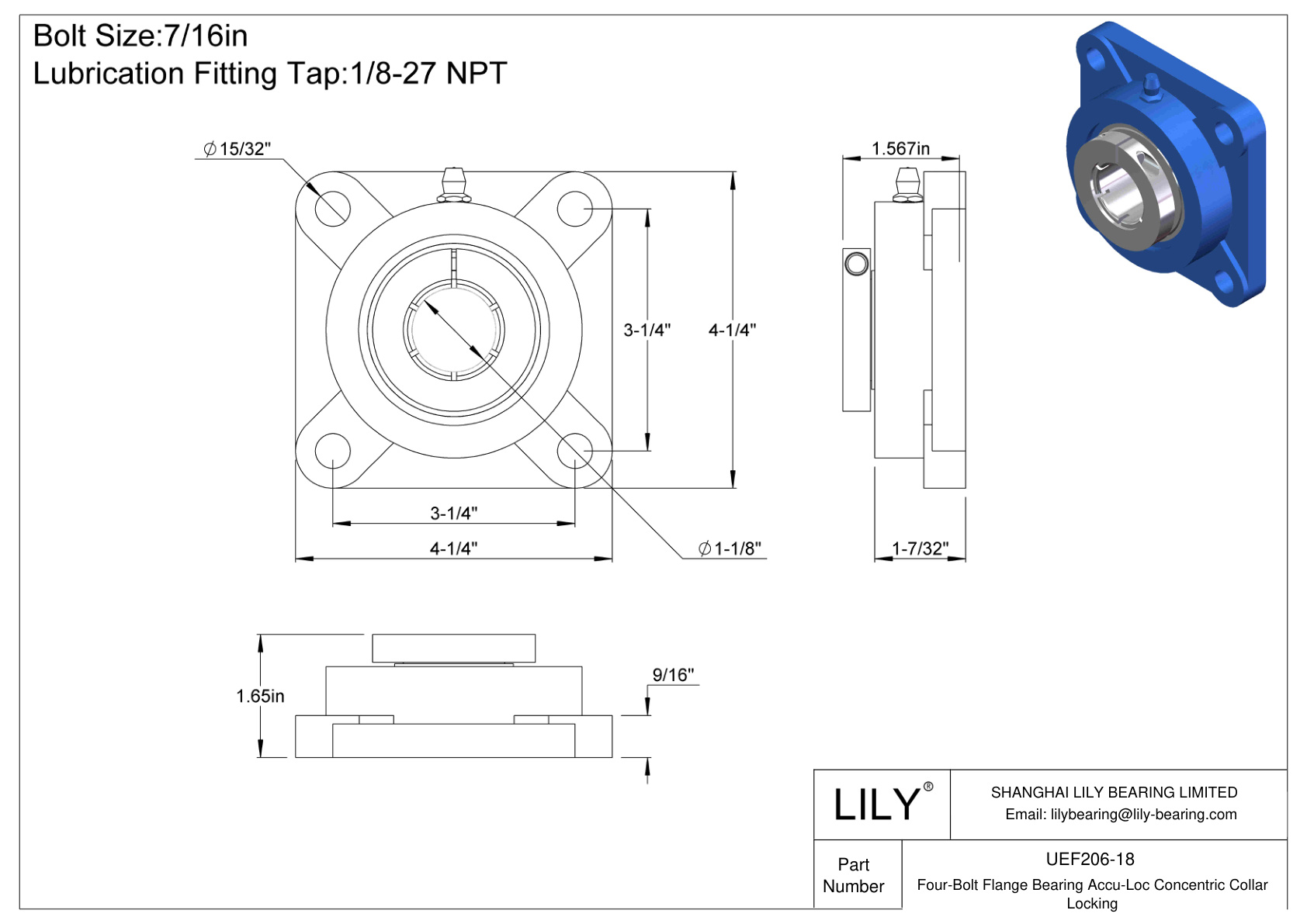 UEF206-18 Cojinete de brida de cuatro tornillos Bloqueo de collarín concéntrico Accu-Loc cad drawing