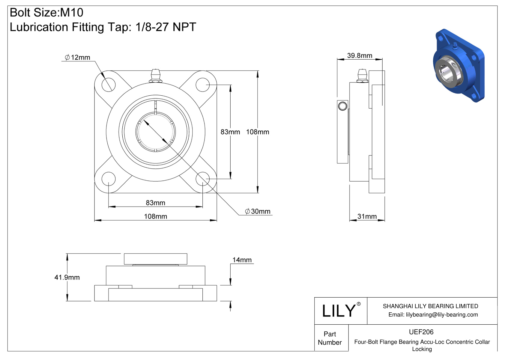 UEF206 Cojinete de brida de cuatro tornillos Bloqueo de collarín concéntrico Accu-Loc cad drawing