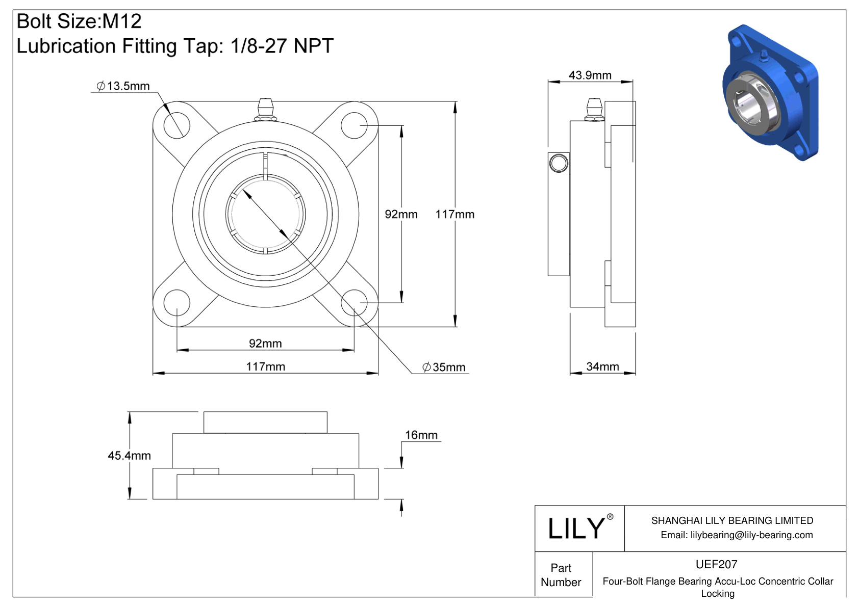 UEF207 Cojinete de brida de cuatro tornillos Bloqueo de collarín concéntrico Accu-Loc cad drawing