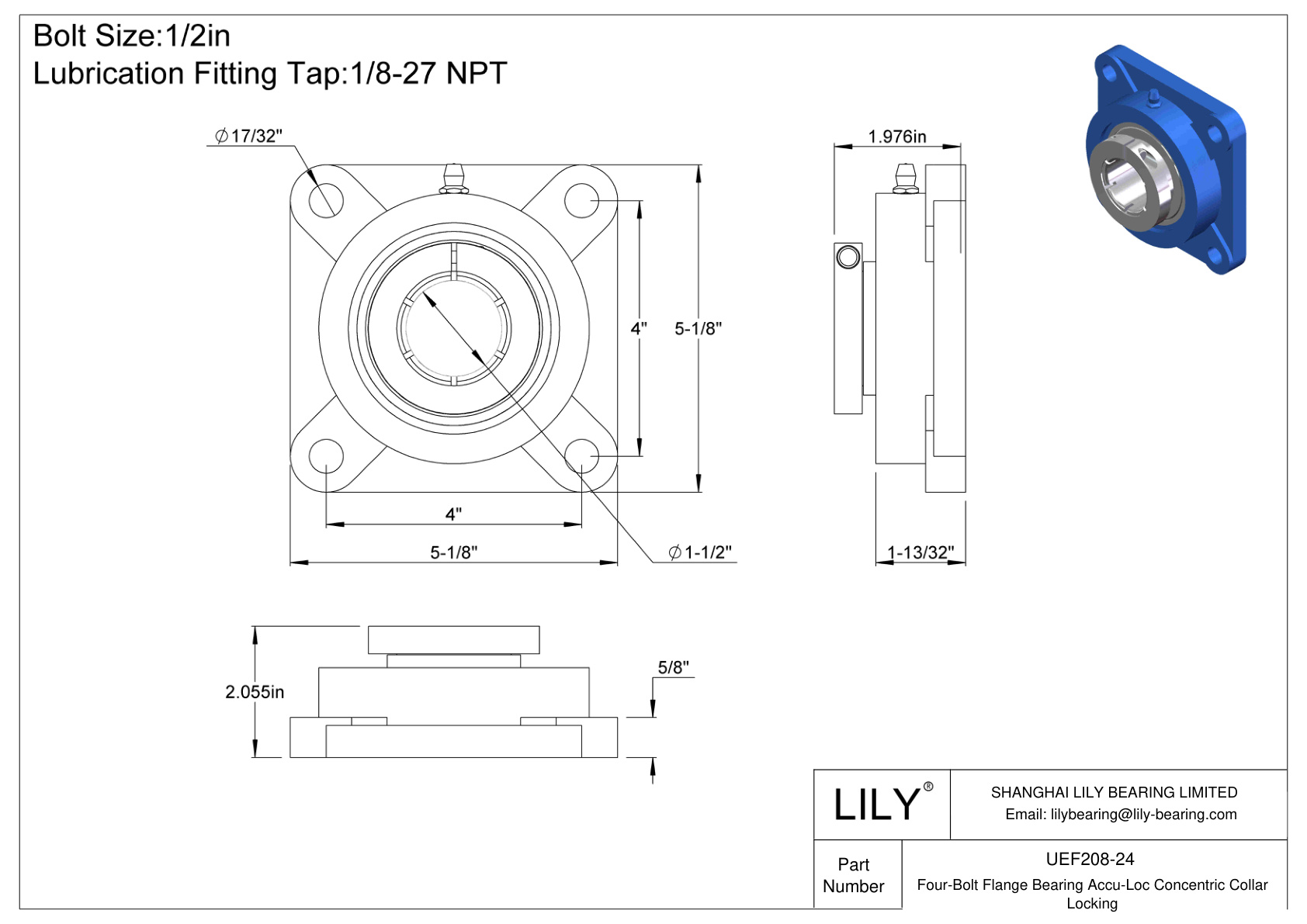 UEF208-24 Cojinete de brida de cuatro tornillos Bloqueo de collarín concéntrico Accu-Loc cad drawing