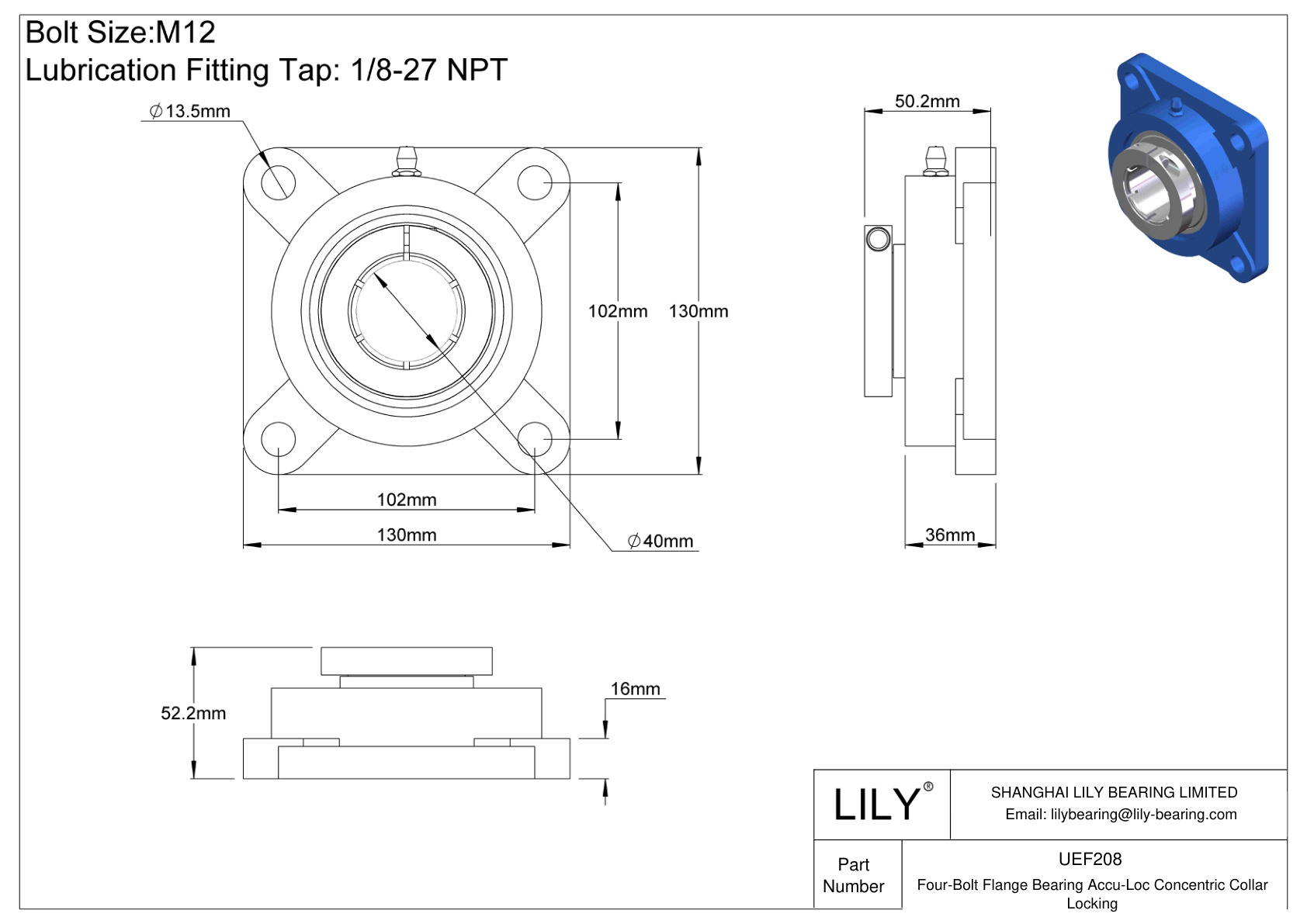 UEF208 Four-Bolt Flange Bearing Accu-Loc Concentric Collar Locking cad drawing