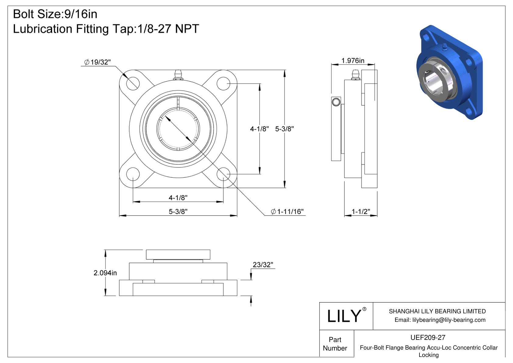 UEF209-27 Cojinete de brida de cuatro tornillos Bloqueo de collarín concéntrico Accu-Loc cad drawing