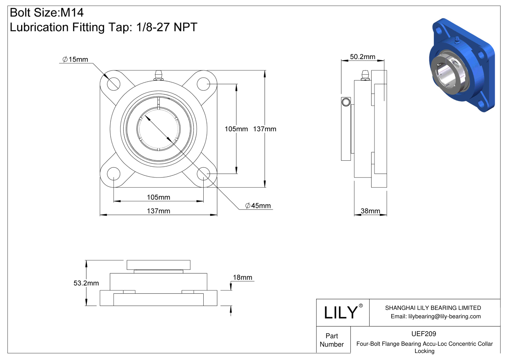 UEF209 Cojinete de brida de cuatro tornillos Bloqueo de collarín concéntrico Accu-Loc cad drawing