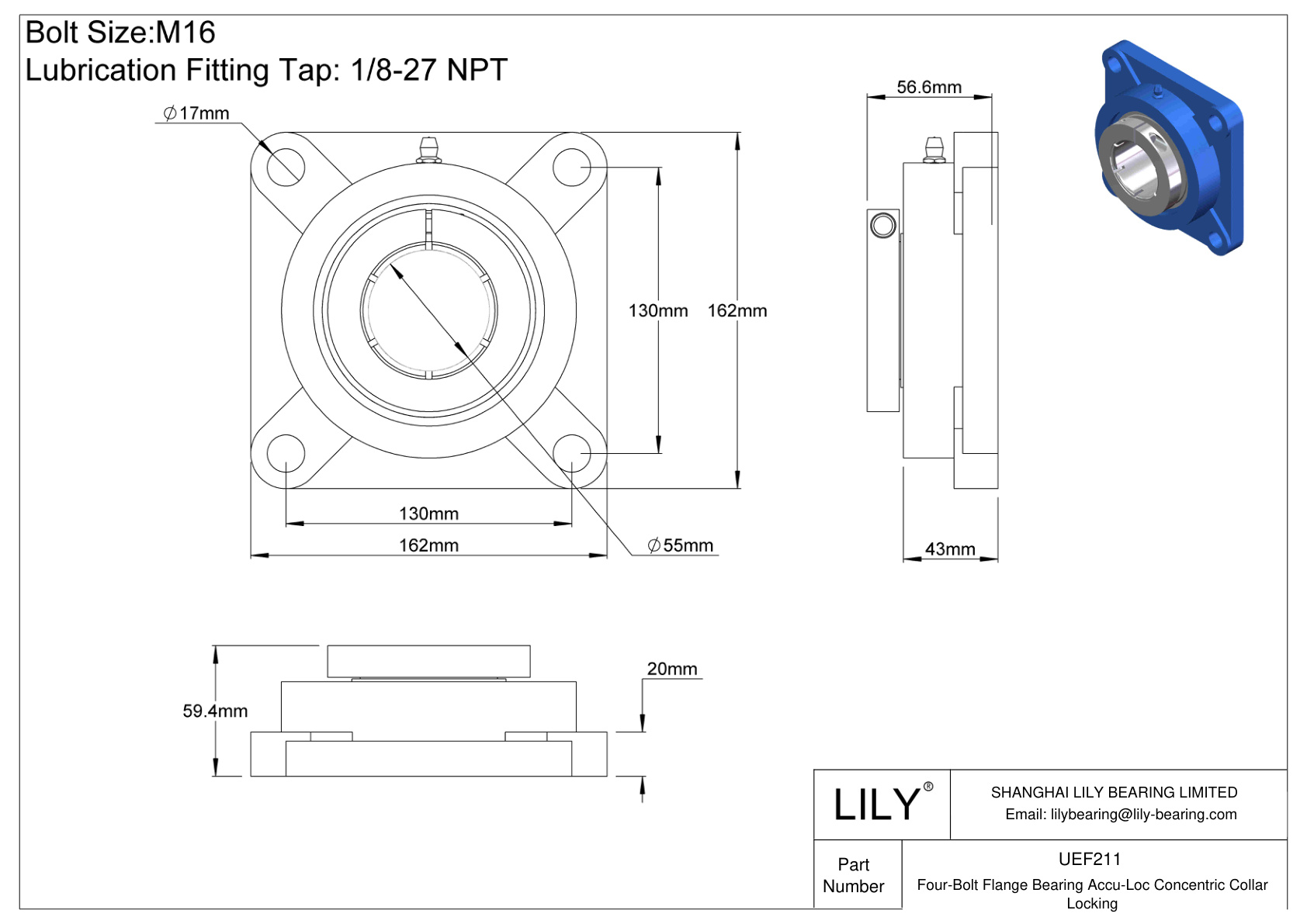 UEF211 Cojinete de brida de cuatro tornillos Bloqueo de collarín concéntrico Accu-Loc cad drawing